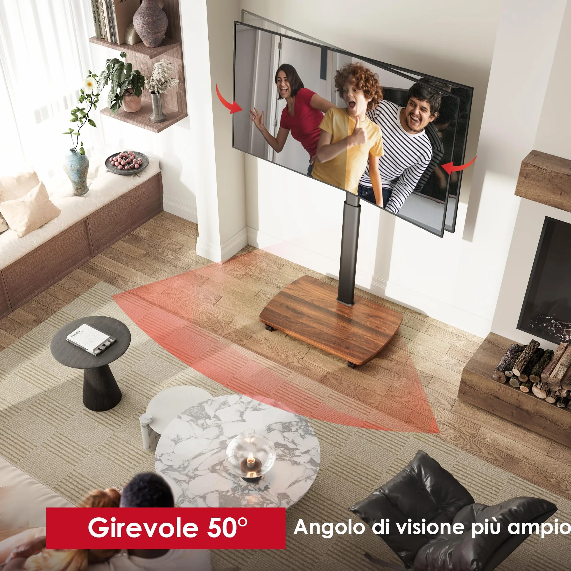 AOKCOS Carrello Porta TV con Ruote per 43-75 Pollici, Supporto TV da Pavimento Girevole e Regolabile in Altezza, Inclinabile, Base in Legno, VESA 600x400mm 50kg