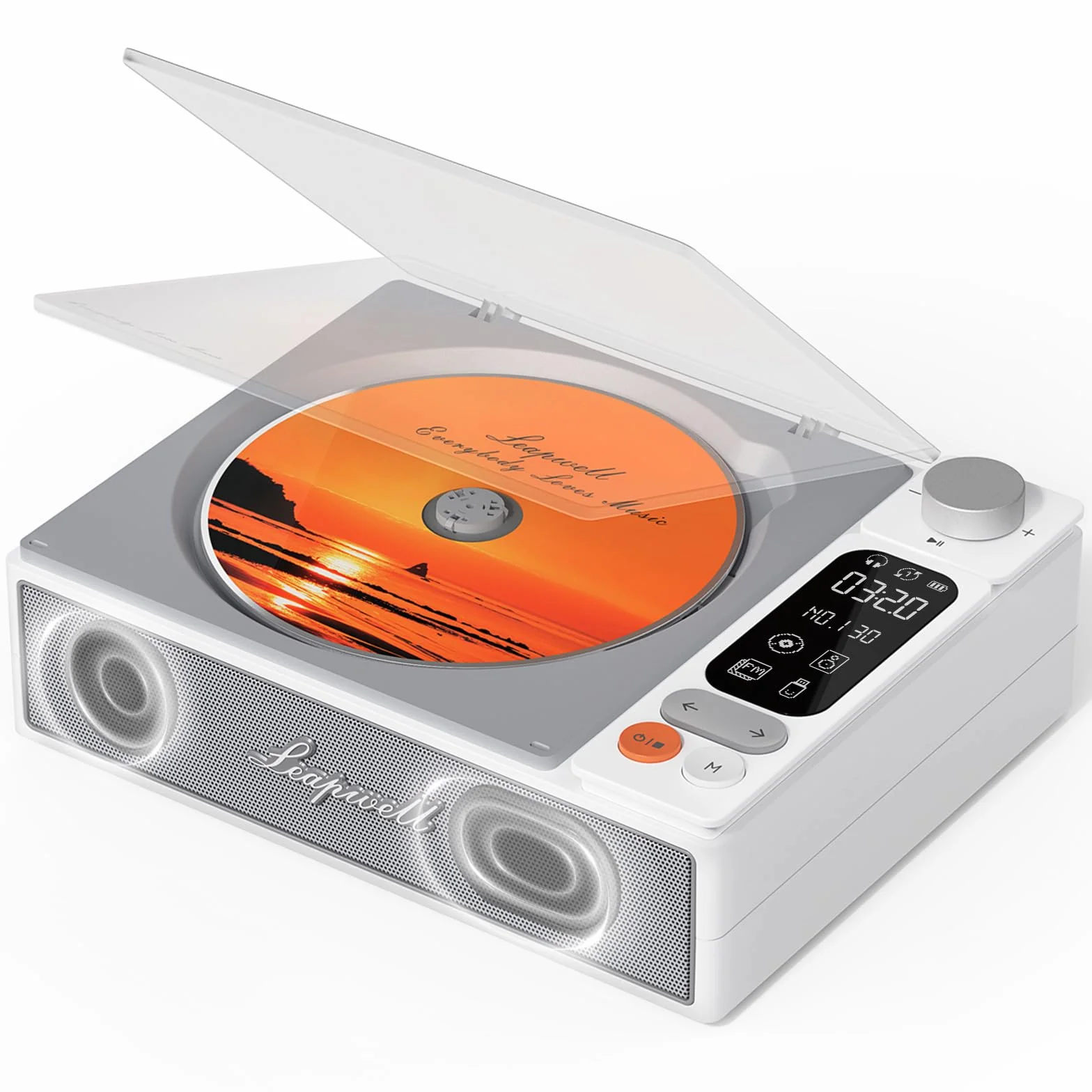 Lettore CD Portatile Leapwell Bluetooth Altoparlanti HiFi Interni Retrò Audio Compatto Ricaricabile Schermo LCD Radio Cuffie AUX USB Ottico Bianco