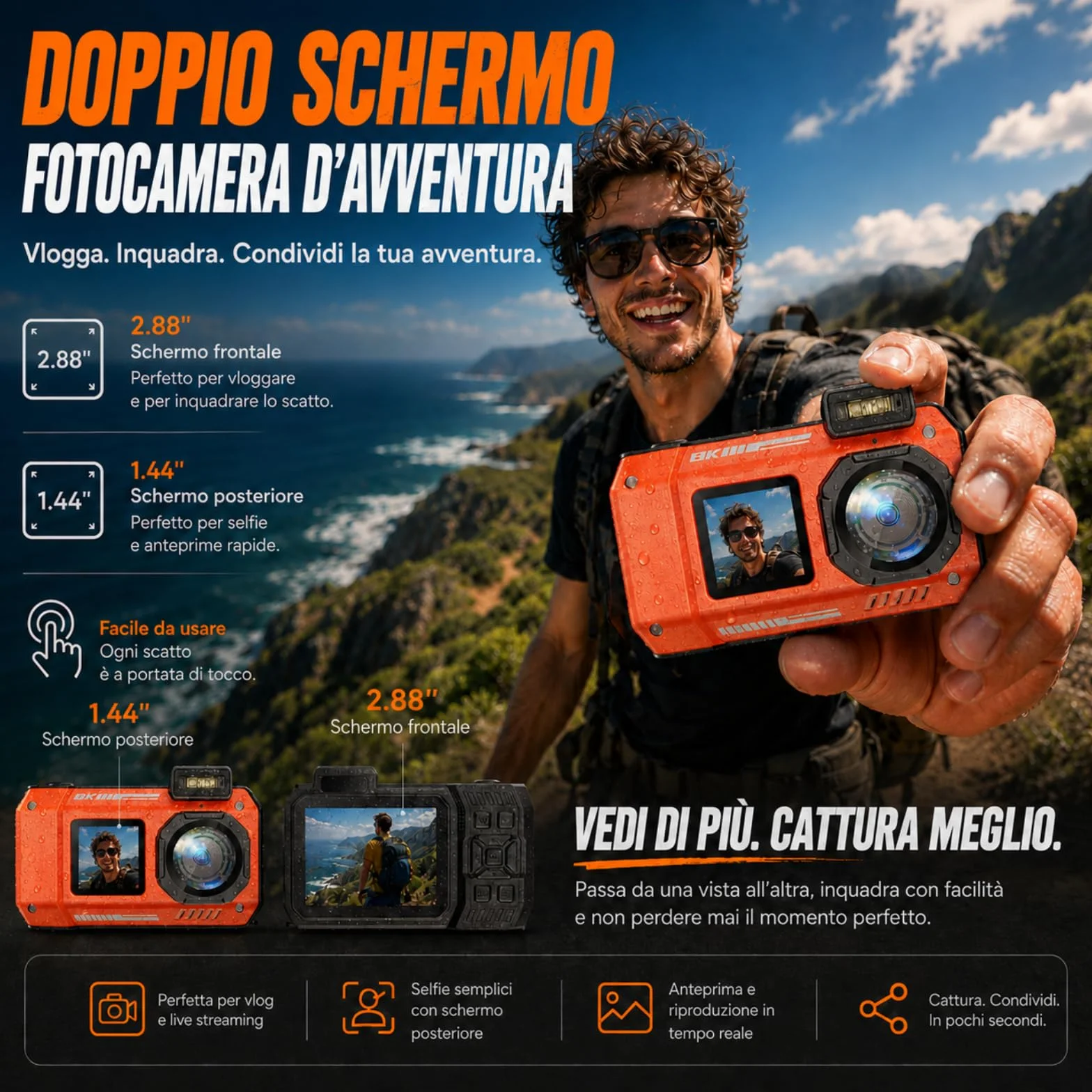 MaxMango D50 33FT Macchina Fotografica Subacquea Impermeabile, 8K 70MP Fotocamera Digitale con 16 GB di Scheda, Doppio Schermo 2.8'' per Selfie, 18x Zoom, Resistente a Polvere e Urti per Snorkeling