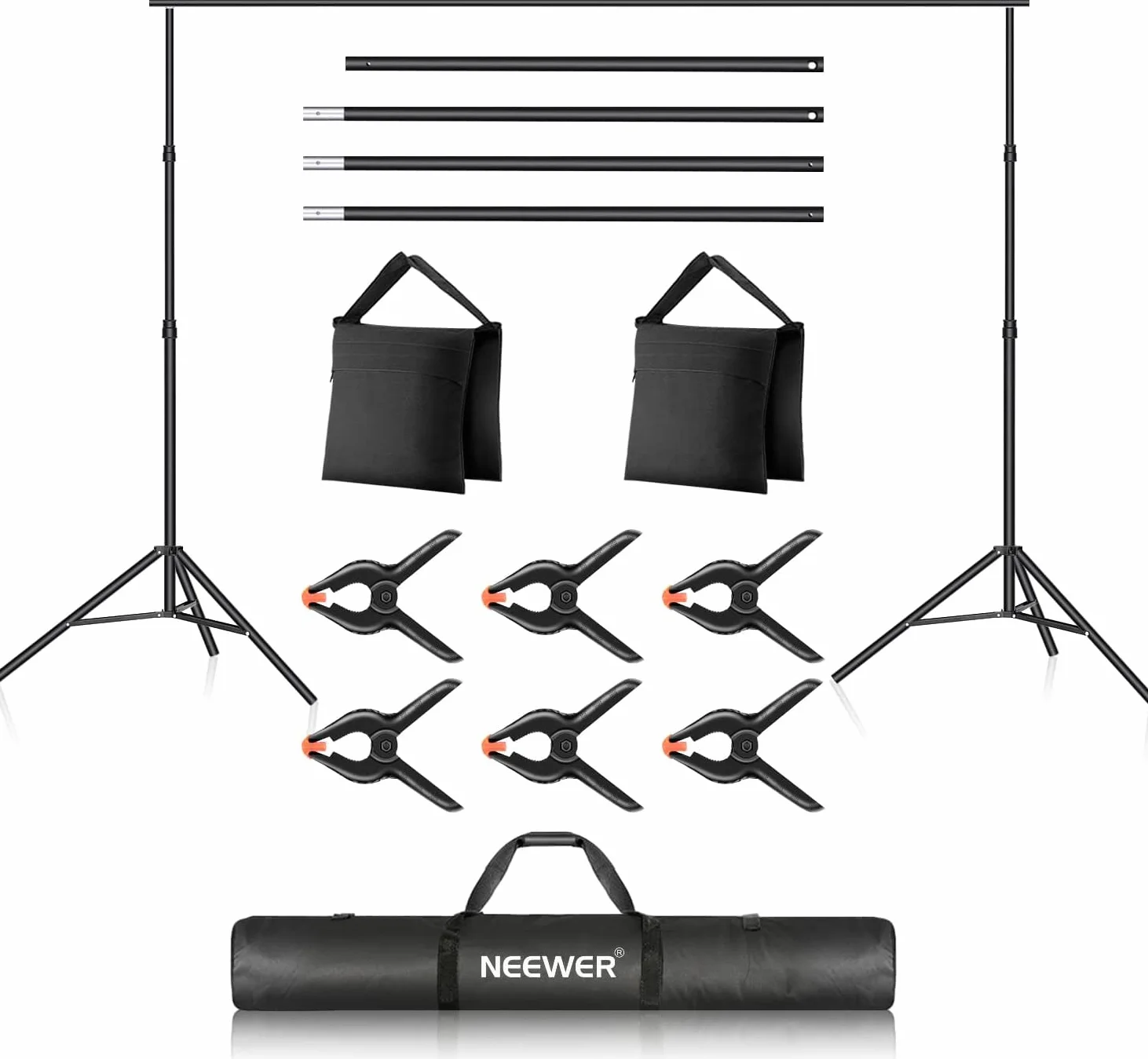 NEEWER Sistema di Supporto per Sfondo Fotografico, Larghezza 3m Altezza 2m, Supporto per Sfondo Regolabile con 4 Barre Trasversali, 6 Morsetti di Fondo, 2 Sacchi di Sabbia, Borsa per Fotografia
