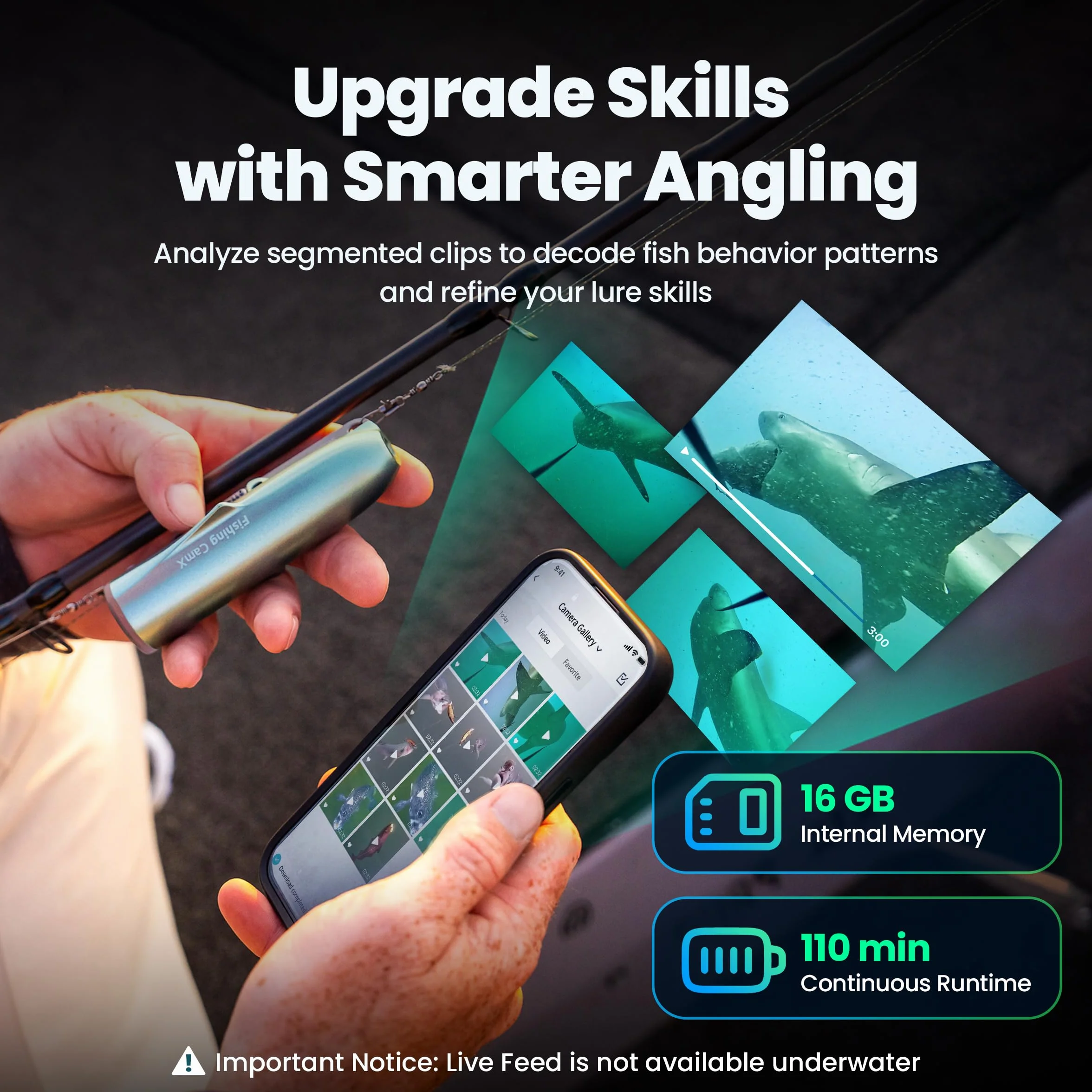 Fishing CamX - Telecamera da pesca / Finder/CanFish, HD 1080P e 136° ultra-grandangolare, impermeabile ROV da 1080 m, rilevamento del movimento, registrazione intelligente segmentata, ricarica