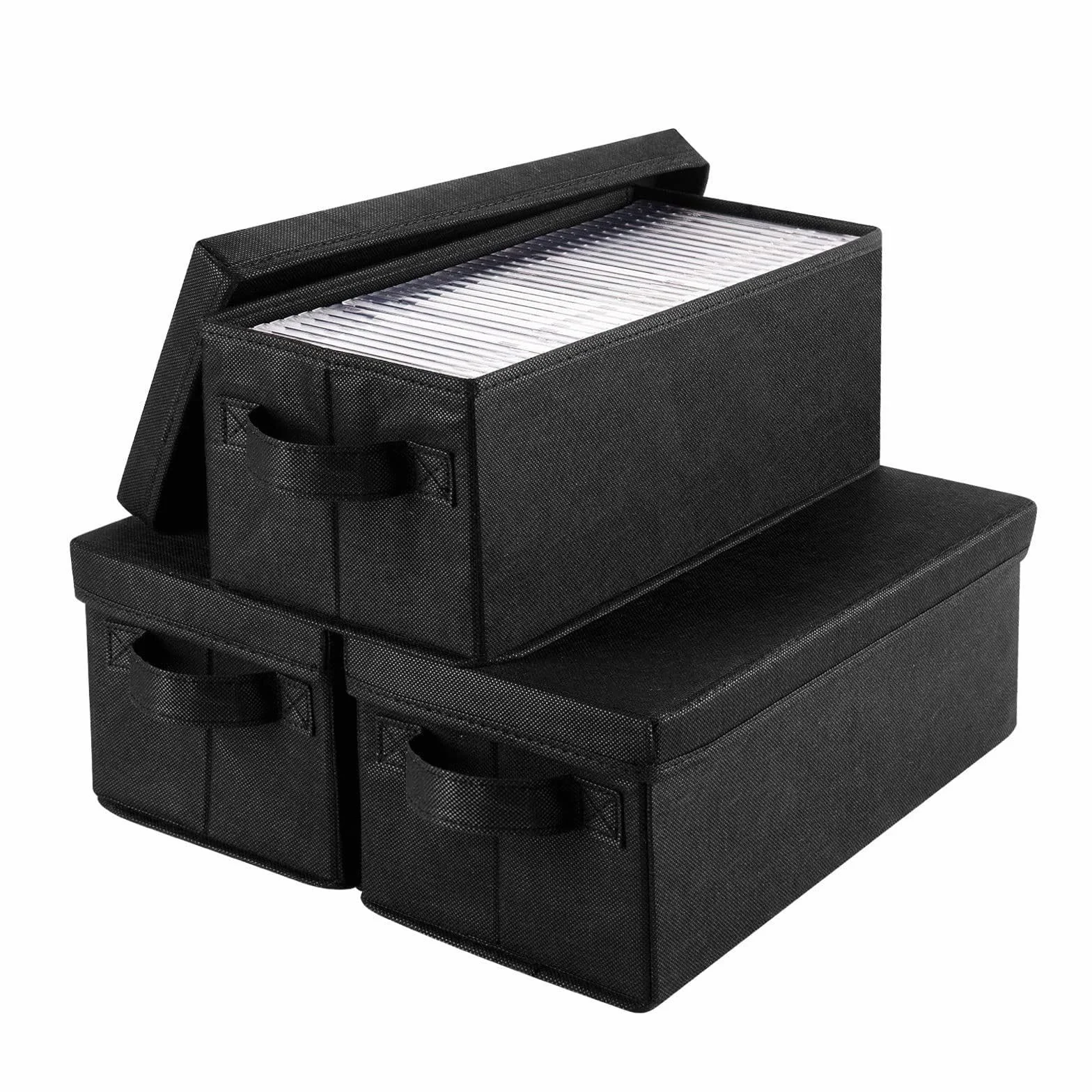 Confezione da 3 Scatola Archivio CD, contenitori impilabili per CD Oggetti con Coperchio Pieghevoli Scatole Portaoggetti con Manici, per Guardaroba, Armadio, Scaffali