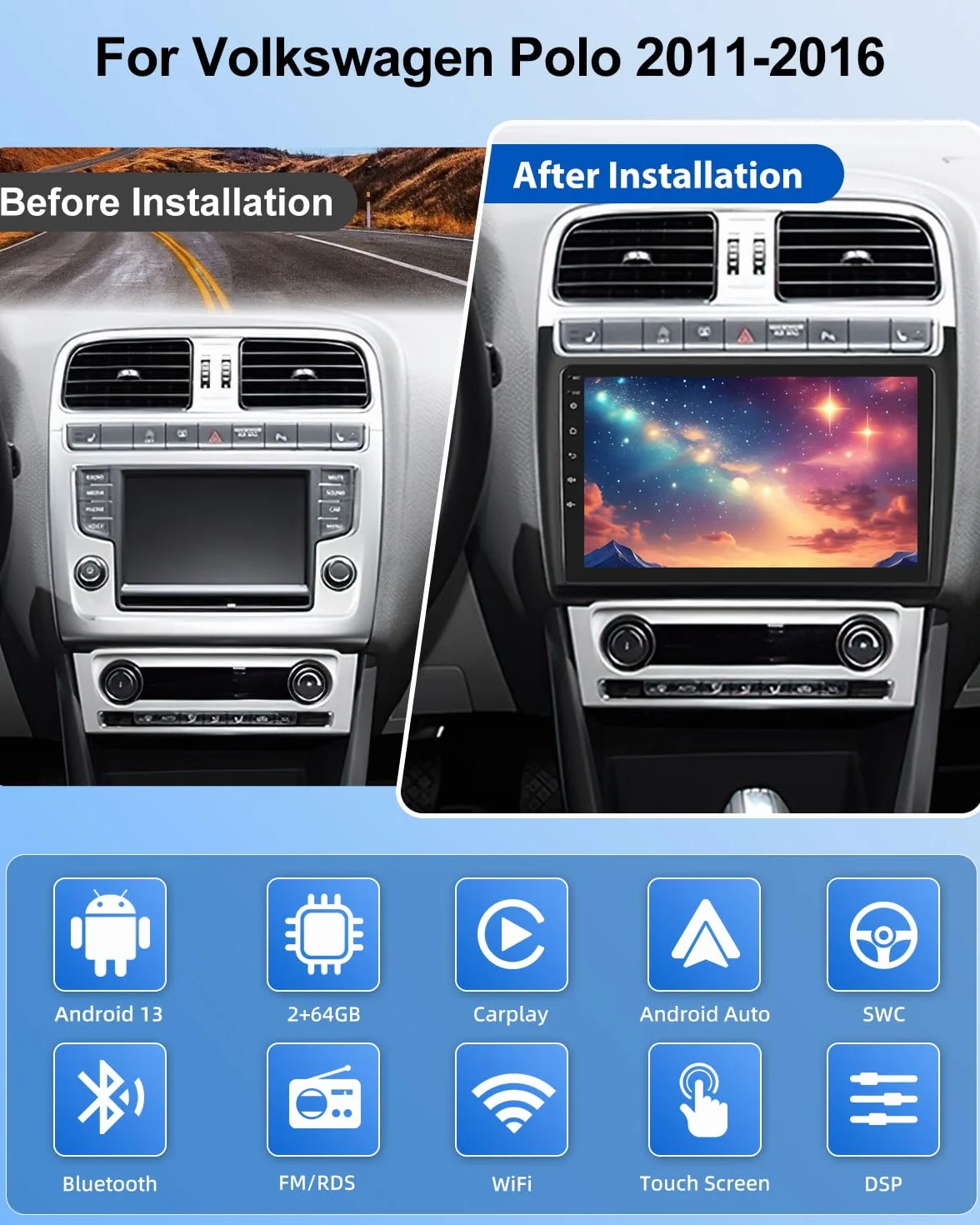 NHOPEEW 2G+64G Android Autoradio per VW Polo 6R 2009-2017 - Senza fili Carplay e Android Auto - 9 pollici Android Stereo con WiFi EQ GPS Mirror Link FM RDS + AHD Telecamera posteriore&Mic