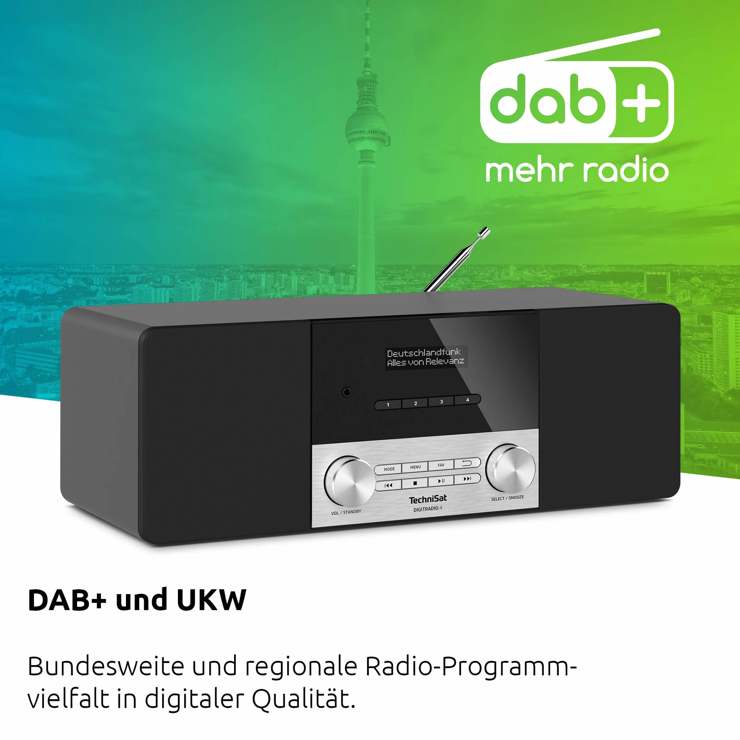TechniSat DIGITRADIO 4 - Radio Stereo DAB (DAB+, FM, streaming audio Bluetooth (ricezione), connessione cuffie, ingresso AUX, sveglia radio, display OLED, 20 Watt RMS, altoparlanti Elac) nero