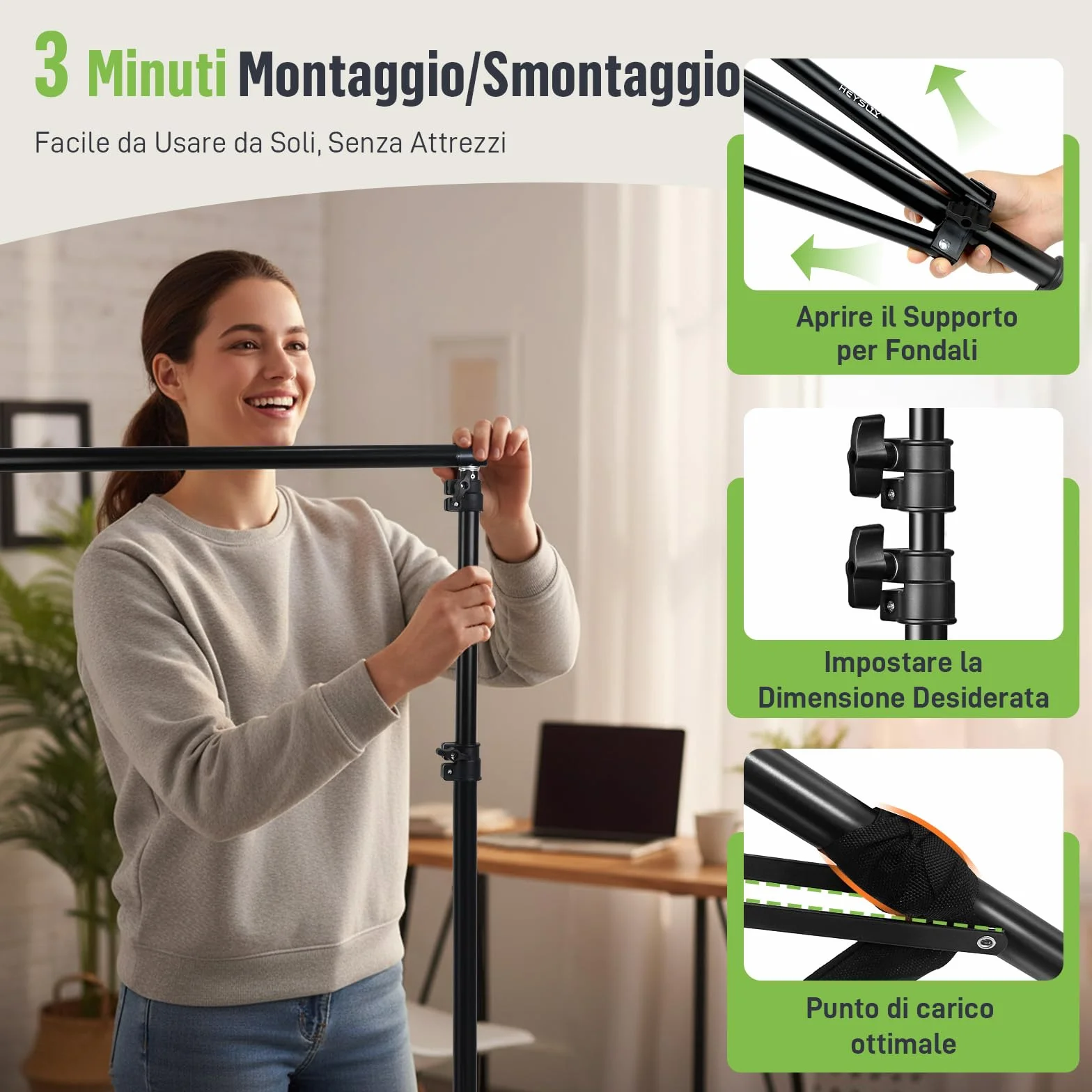 Set Supporto Fondale Fotografico 3x2m – Struttura Portatile Regolabile con Borsa per Studio, Matrimonio, Feste e Video YouTube