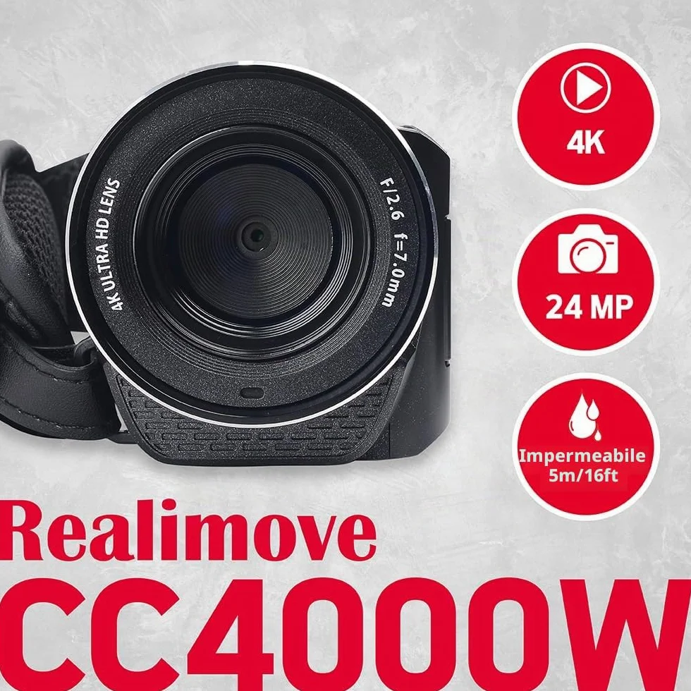 Agfaphoto - Videocamera - Realimove CC4000W - 4K, Schermo LCD Articolato IPS da 3", Zoom Digitale 18X, Impermeabile fino a 5 m, Stabilizzazione Elettronica, Batteria al Litio – Nero