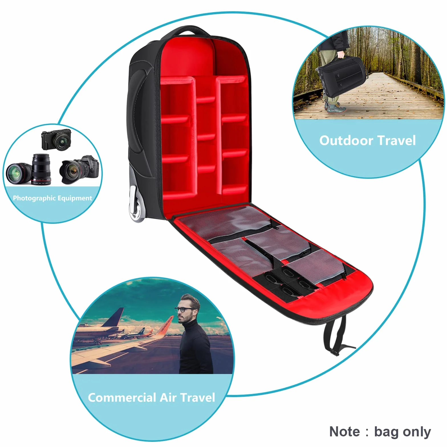 Neewer 2-in-1 Zaino Scorrevole per Fotocamera Stile Valigia Convertibile con Doppia Maniglia, Antiurto con Scomparti Imbottiti Rimovibili, per Fotocamere SLR/DSLR, Treppiedi, Obiettivi (Nero/Rosso)