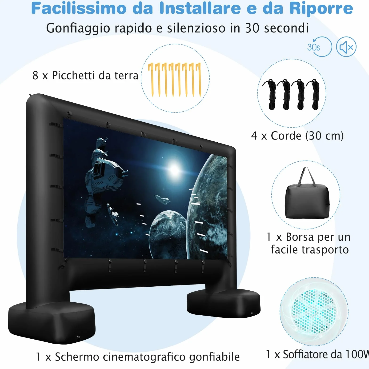 GYMAX Schermo Proiettore Gonfiabile 4 M/4,5M, Telo Proiettore Pieghevole Portatile per Film con Soffiatore d'Aria, Schermo Doppia Faccia, Borsa, Picchetti, per Giardino, Terrazzo, Esterno (4M)