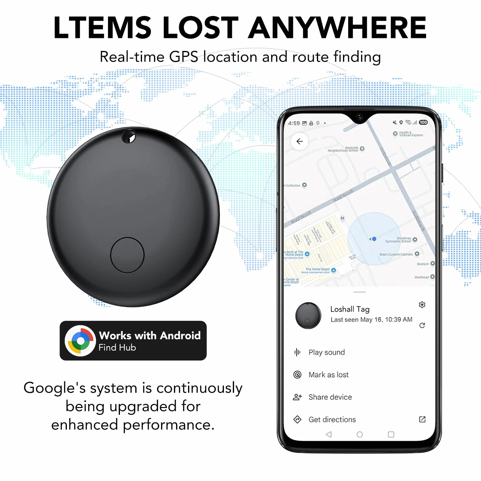Android Smart Tag, Traceur tag con Google's Find Hub (Solo Android), IP68 Impermeabile, Bluetooth Localizzatore con Custodia Protettiva, Trova Oggetti per Chiavi/Bagagli/Portafogli, 4 Nero Elegante