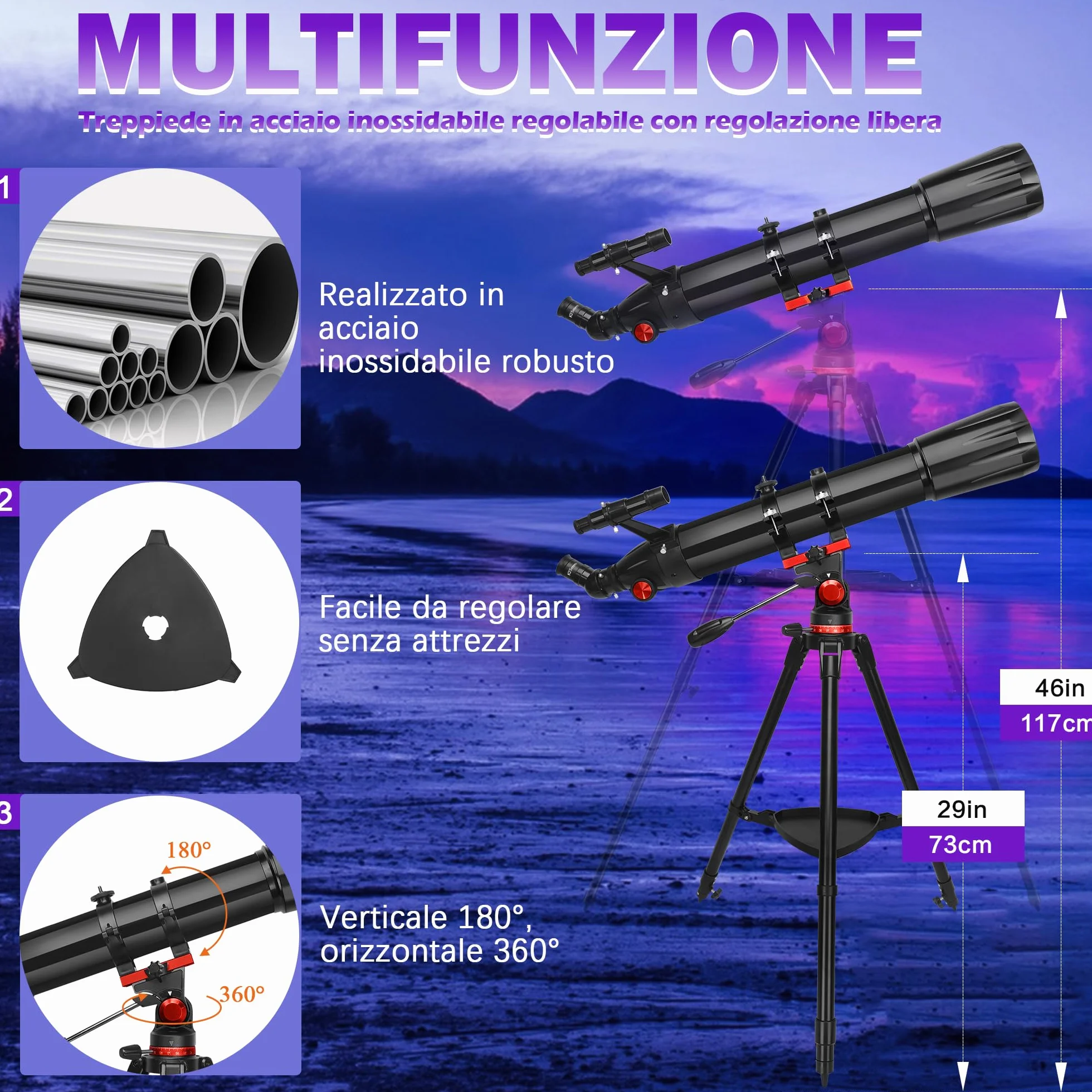 HETEKAN Telescopio, Telescopio Astronomico Professionale, 90/900 mm (36X-450X) Telescopios Rifrattore per Adulti Bambini e Principianti, per Osservazioni Planetarie, con Adattatore per Cellulare