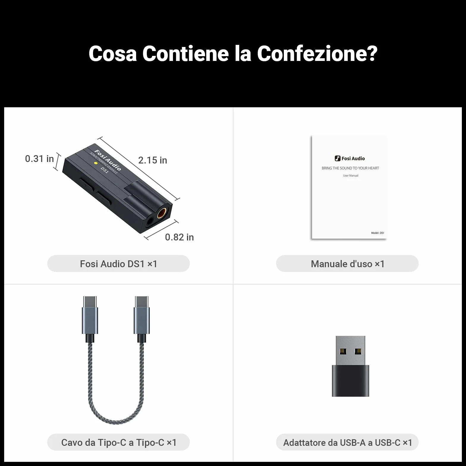 Fosi Audio DS1 DAC Amplificatore Cuffie USB C Hi-Res 32bit/768kHz Uscite Doppie 4,4/3,5mm 16-300Ω Portatile ESS ES9038Q2M