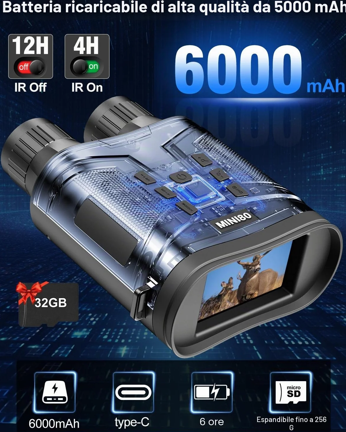 Binocolo Visione Notturna,Dowesyeen Cannocchiale Professionale 4K 6000mAh Ricaricabili Binocolo Notturna Infrarossi 3" TFT con Registrazione di 1080p HD Foto e Video con Scheda 32GB
