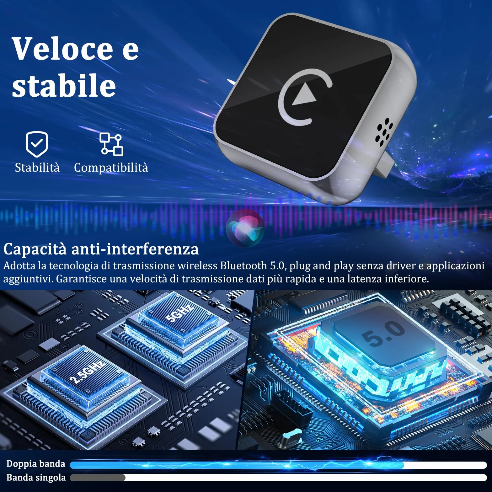 Adattatore Wireless Android Auto CarPlay 2-in-1 USB Type-C per Apple, Chiavetta Dongle Compatibile con iPhone iOS 10+ e Android 11+, Argento