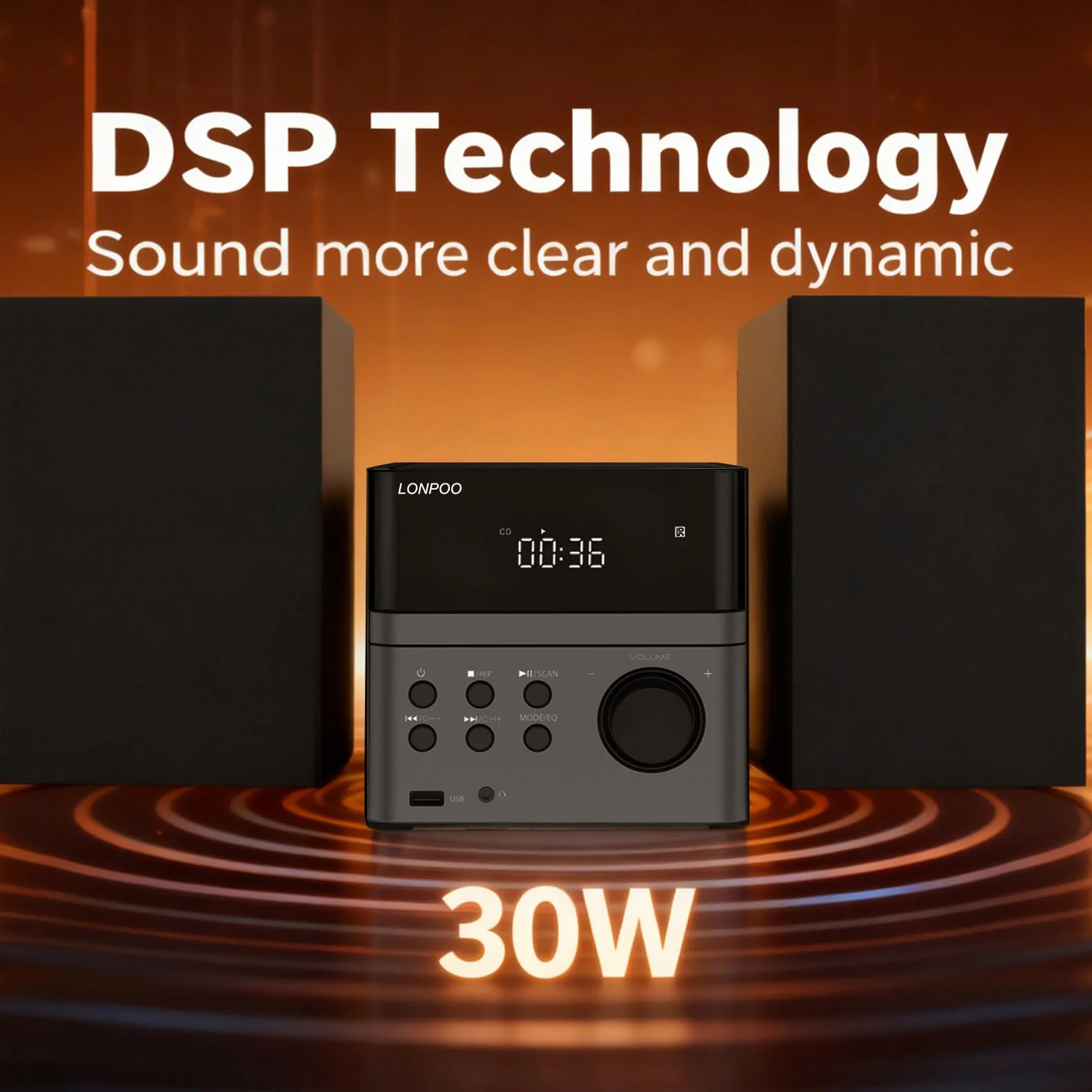 LONPOO Impianto Stereo Casa - 30W Micro HiFi Compatto con lettore CD, Bluetooth, radio FM, USB, AUX-in, display LED e pulsante grande, telecomando (LP-128)