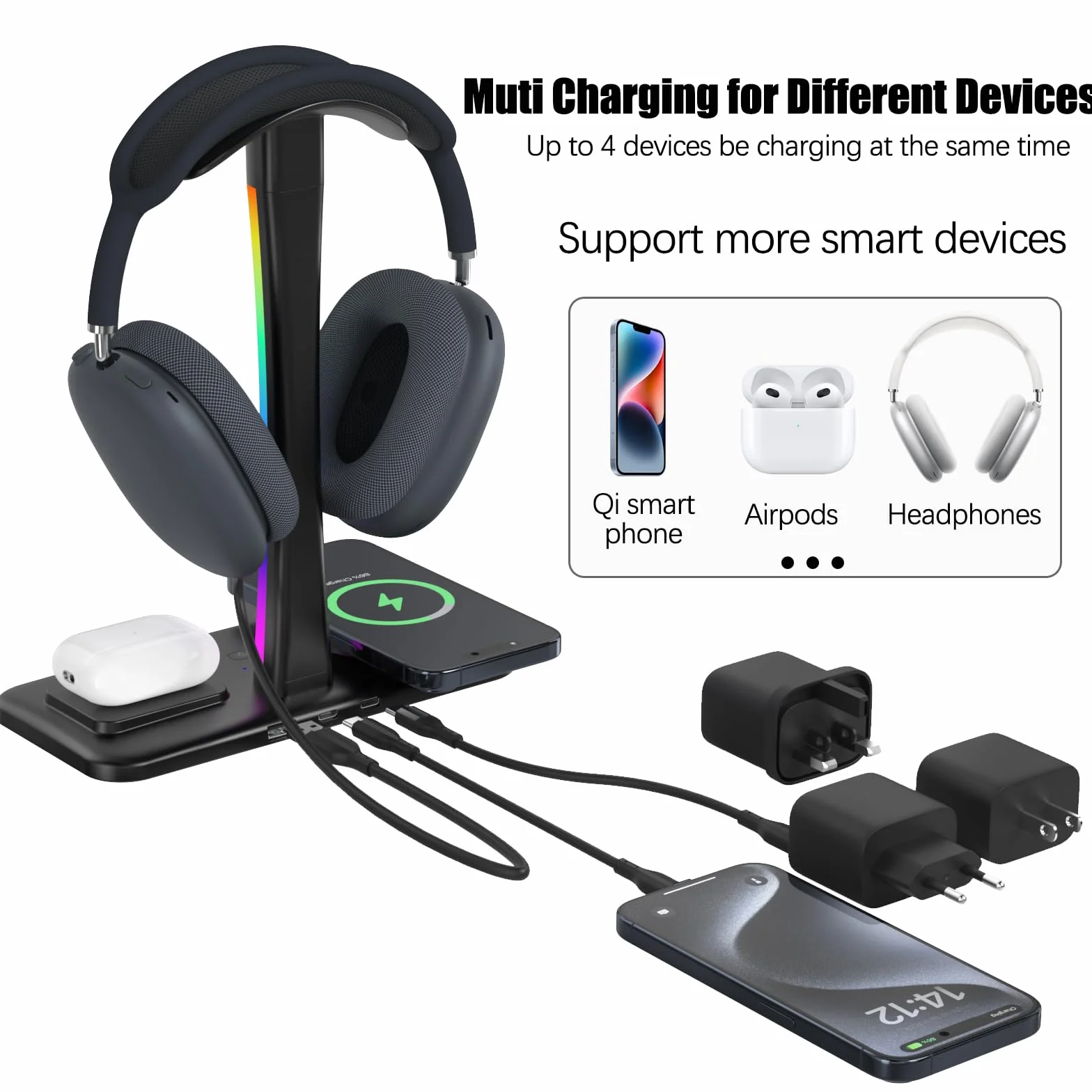 Supporto Per Cuffie con Caricabatterie Wireless,Suppor to Per Cuffie Da Gioco con Luce RGB,Supporto Per Airpod Max Compatibile con Airpod Pro/3/2,iPhone 16/15/14/13/12/11,Regali per Uomini Do (Nero)