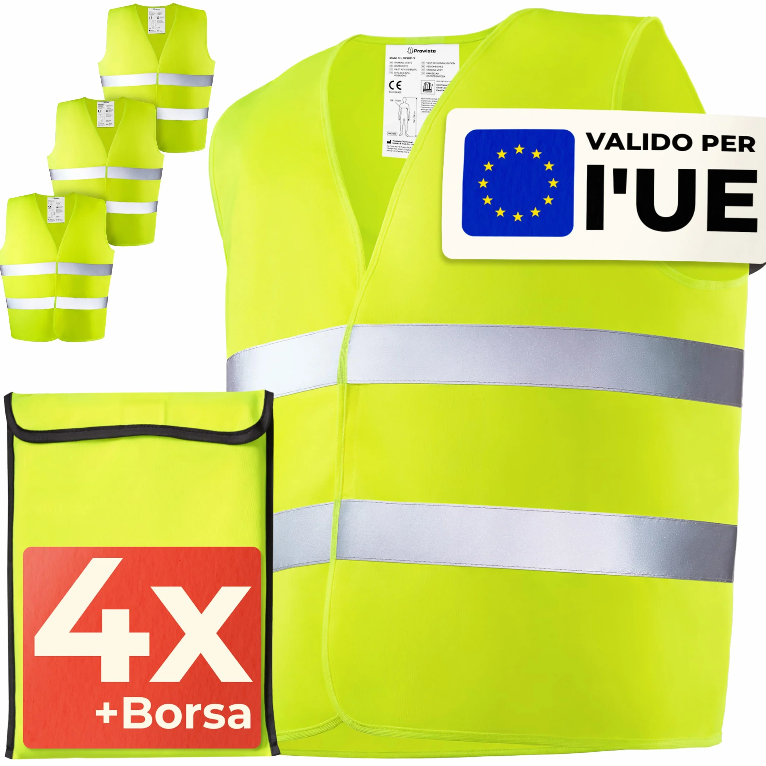 Prowiste 4 Gilet Alta visibilità Set con Borsa – Certificato EN ISO 20471, Valido in Tutta Europa – Ideale per Auto, Costruzione - Taglia Unica - Giallo