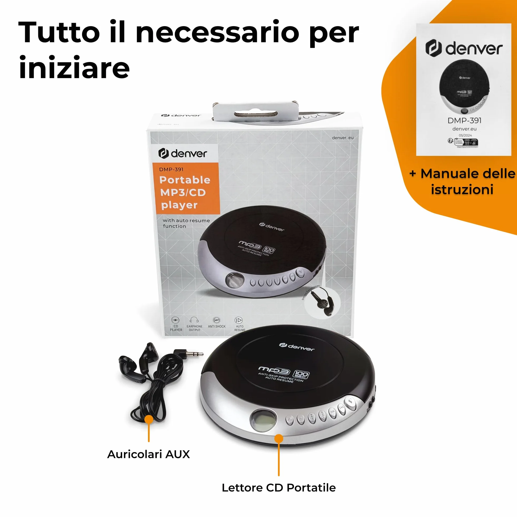 Denver DMP-391 Lettore CD Portatile Walkman Anti-Shock Bassi