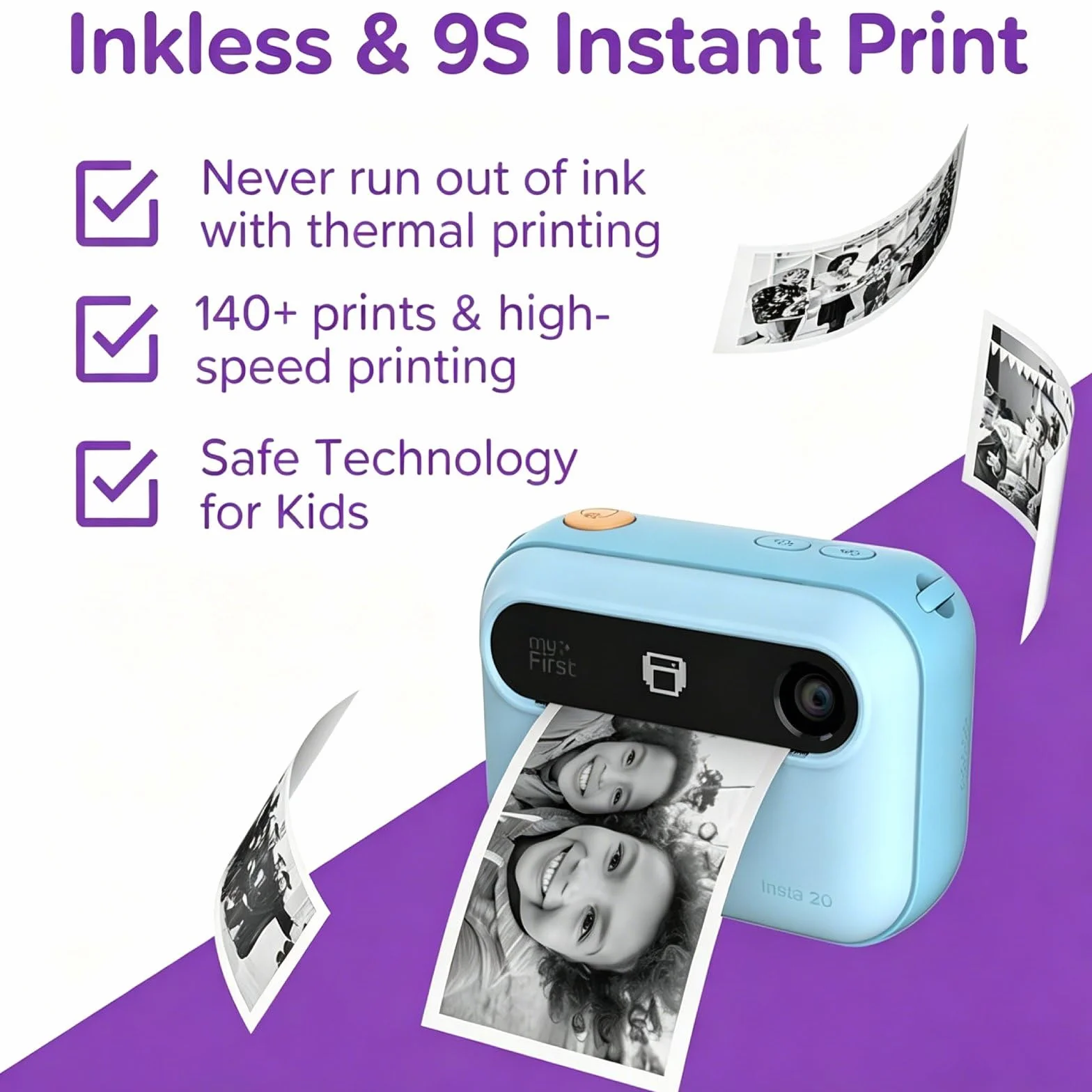 myFirst Camera Insta 20, Fotocamera Digitale a Stampa Istantanea per Bambini con Foto da 16MP, 1080p, Obiettivo Selfie, Stampa Illimitata, Scheda di Memoria fino a 32 GB Non Inclusa, Blu