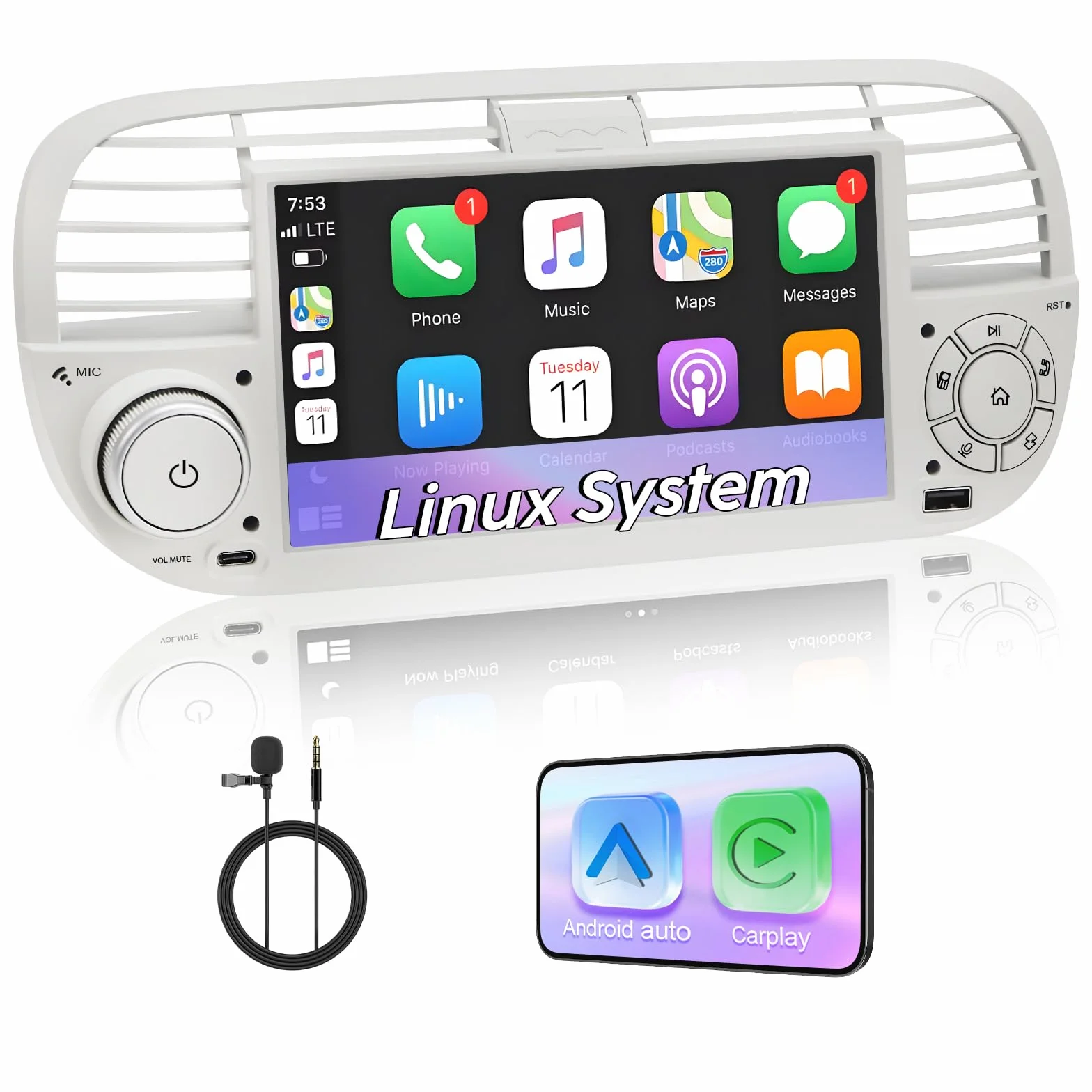 Autoradio Linux Fiat 500 (2007-2015) –Avvio in 3-5 secondi | Schermo IPS 7", CarPlay & Android Auto wireless, AM/FM/RDS, DSP, USB, Bluetooth, microfono, comandi al volante – plug & play