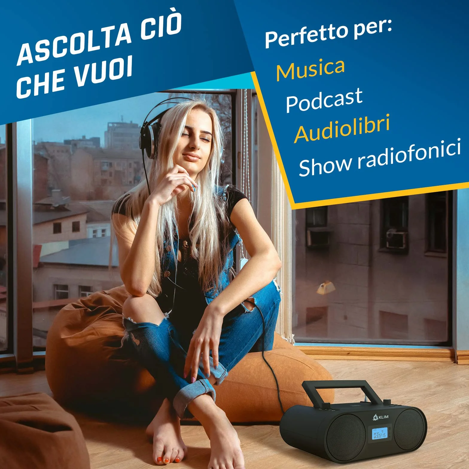 KLIM Lettore CD Stereo Boombox B4 + AM/FM Radio con Lettore CD e USB, Bluetooth, AUX + Stereo casa + Filo o Wireless + Batteria ricaricabile, Telecomando, Standby automatico, EQ Digitale + NUOVO