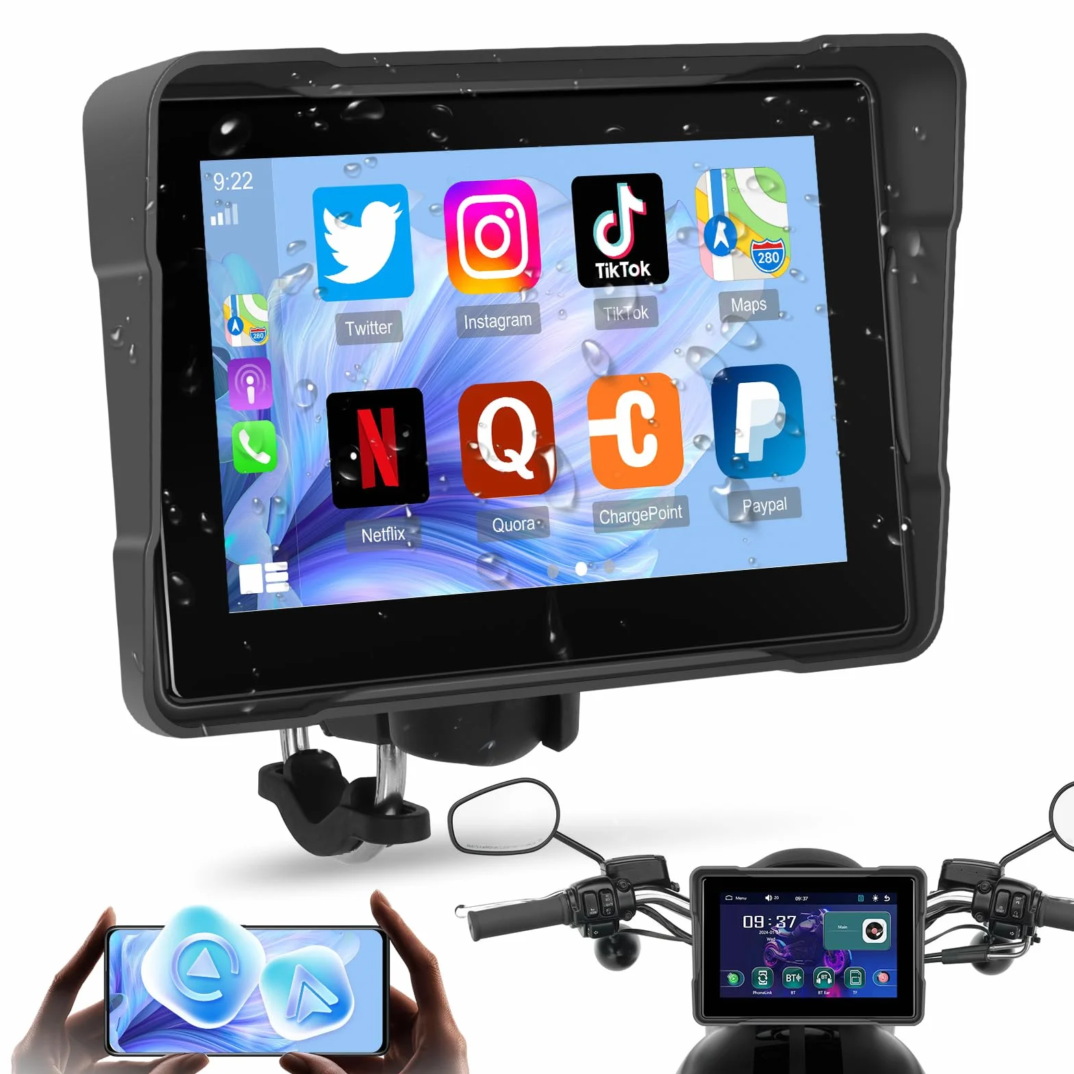 Schermo CarPlay Portatile 5" IP67 Android Auto Touch Screen Impermeabile Doppio Bluetooth GPS