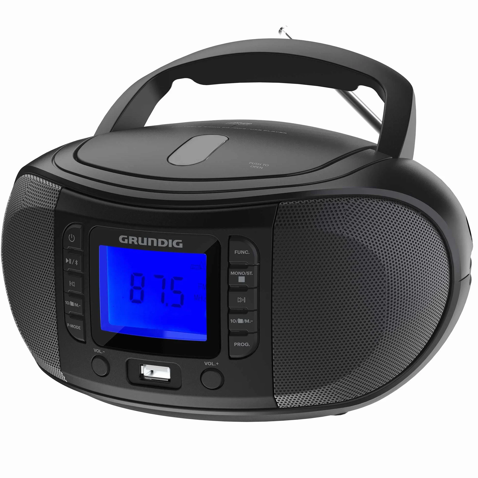 GRUNDIG GRB 3500 Radio Boombox portatile con Bluetooth, lettore CD integrato, porta USB 2.0, jack per cuffie da 3,5 mm, ricevitore FM con sintonizzazione frequenza PLL, 30 stazioni di memoria, nero