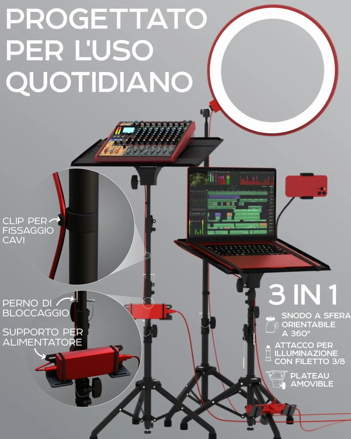 Supporto per treppiede per proiettore, regolabile da 68,6 a 157,4 cm, proiettore da pavimento portatile e supporto per laptop, macchina fotografica e luce, rack per DJ e supporto per musica o film