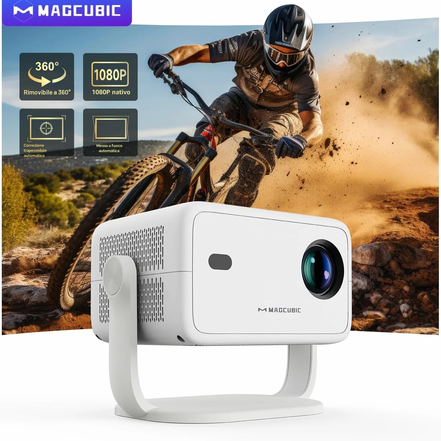 Magcubic Mini Proiettore Native 1080P, 4K 8K Supportato, Proiettore Portatile Android 14, WiFi 6 Bluetooth 5.4, 600 ANSI Lumen, Autofocus, Altoparlante 12W, Rotazione 180°, Home (Bianco puro)