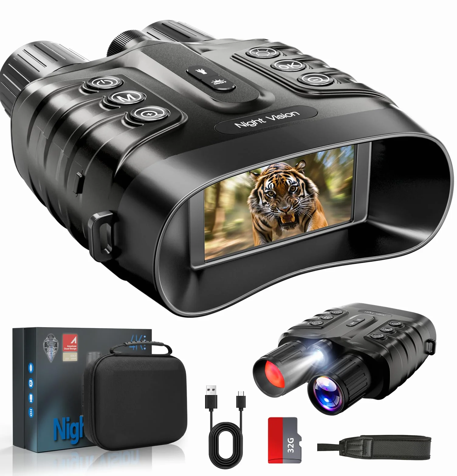 Dispositivo di visione notturna 4 K, 48 MP, 10000 mAh, ricaricabile, f/1,4, grande apertura a infrarossi, visione notturna, visione 500 m/1640 FT,8 X zoom digitale con scheda TF da 32 GB