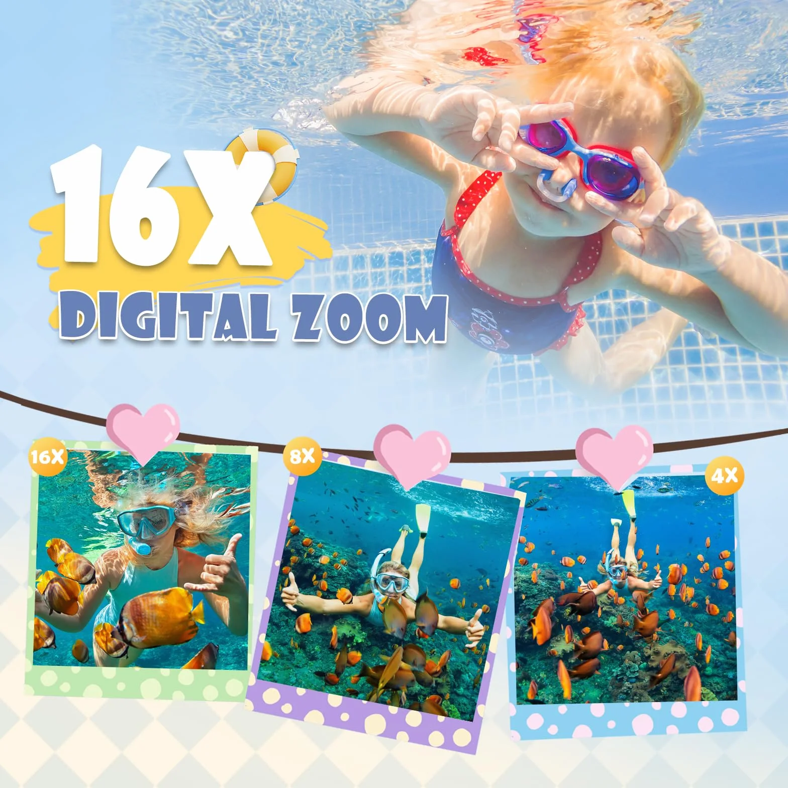 Fotocamera Digitale Impermeabile,Couleeur Macchina Fotografica Subacquea Full HD 2.7K 48MP Doppio Schermo Anti-Shake con Microfono LED Autoscatto e Zoom Digitale 16X per Bambini Adolescenti(giallo)