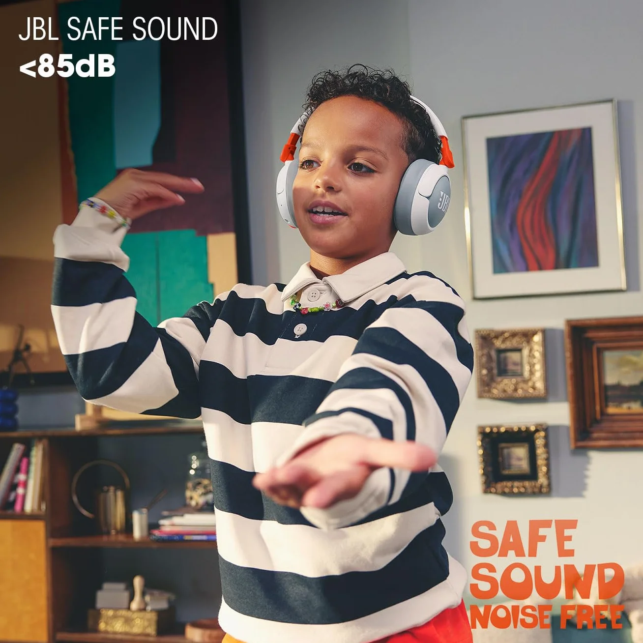 JBL Junior 470 NC Cuffie Over-Ear Bluetooth Wireless per Bambini, con Cancellazione Attiva del Rumore, Microfono Integrato, 50 Ore di Autonomia, JBL Safe Sound, Limitatore Volume, Set Adesivi, Bianco