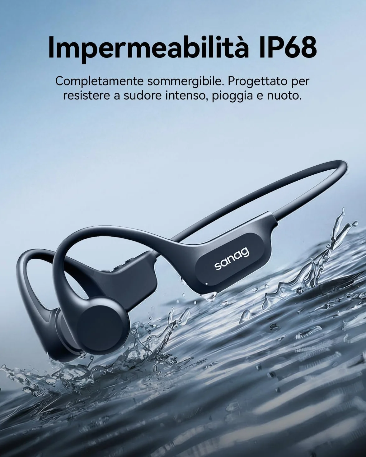 SANAG Cuffie Conduzione Ossea, Bluetooth 5.3 Cuffie Sportive Wireless, Impermeabili IPX8 con Memoria Integrata, Design Open-Ear, Tasti Fisici Tattili, per Corsa, Fitness e Nuoto, Nero