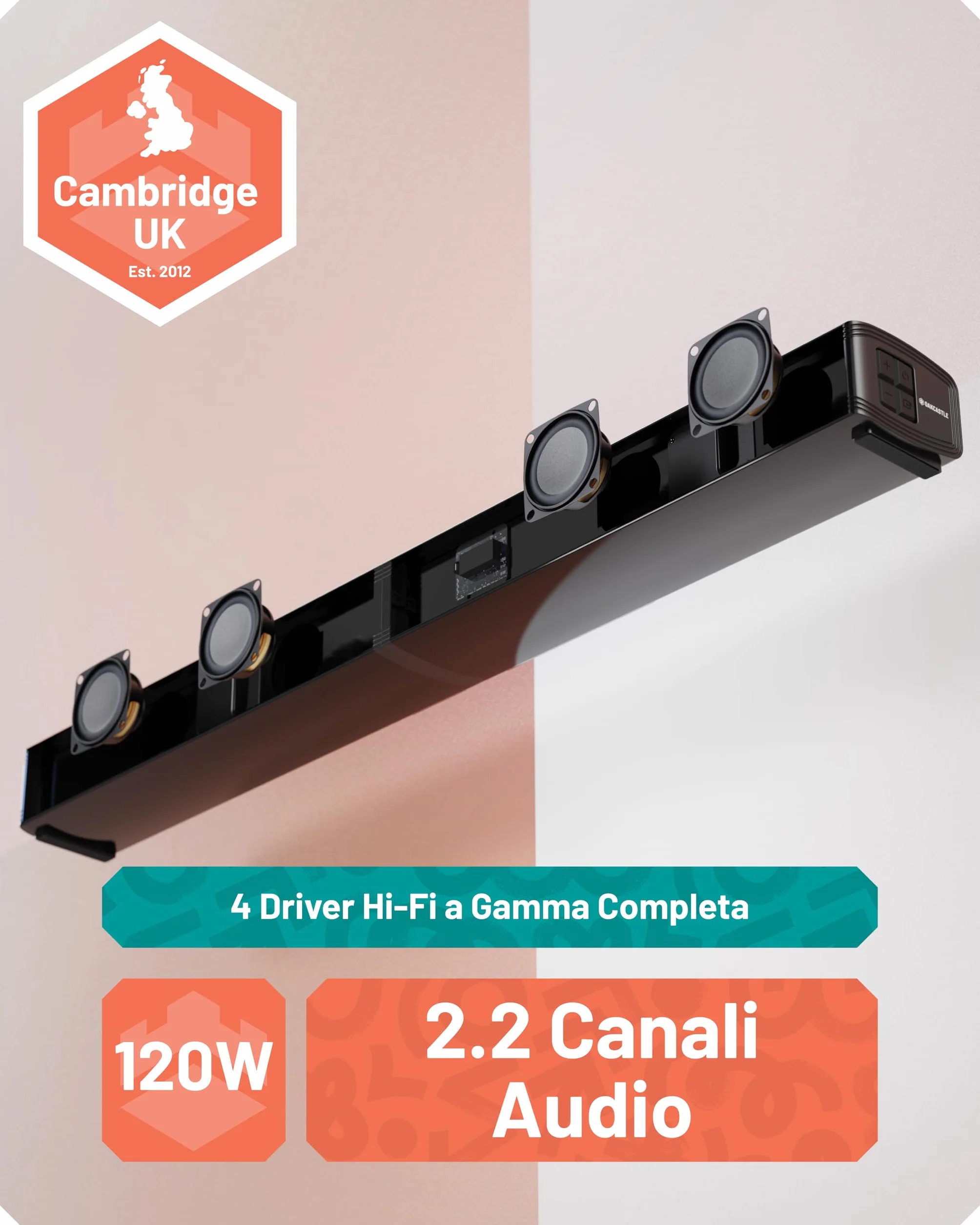 Oakcastle Soundbar Home Theater a 2 Vie Style | 120W Casse Altoparlanti 2.2 Cannali TV Surround Audio Monitor | Bluetooth, HDMI, RCA, AUX, Cavo Ottico Con Telecomando SB80