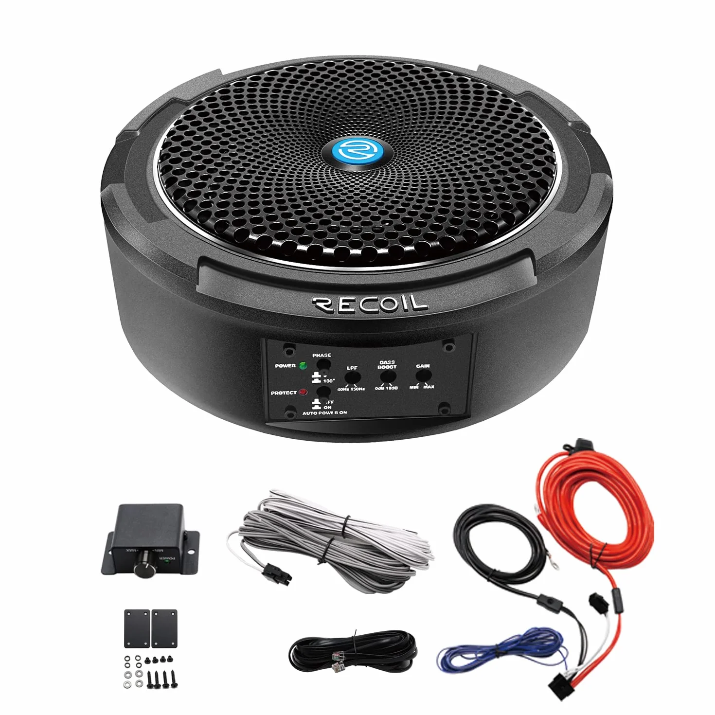 RECOIL - SL1708 - Subwoofer da auto amplificato, sottile da 20,3 cm, con kit di cablaggio di installazione in rame privo di ossigeno al 99,99%