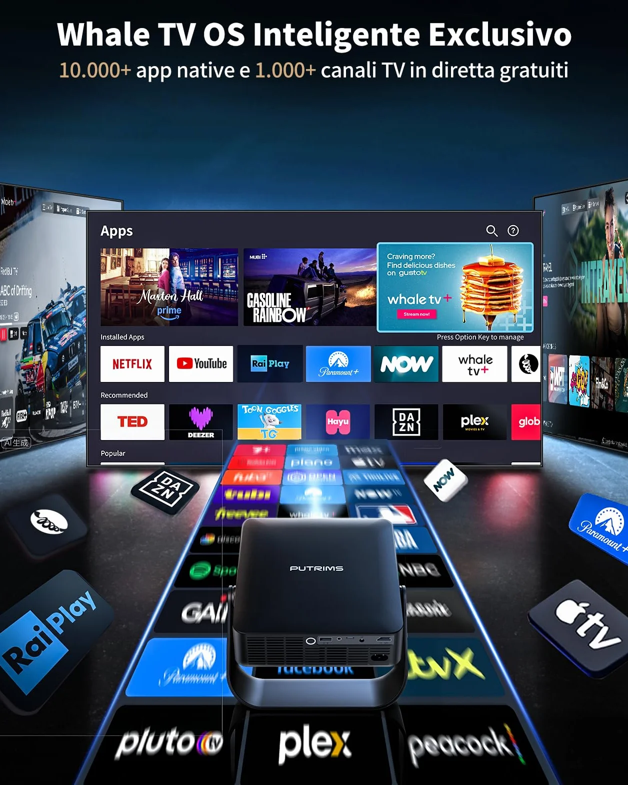 Proiettore Portatile Smart TV 4K 1000+ Canali Live Compatibile Netflix Auto Focus WiFi Bluetooth 1080P Nativo