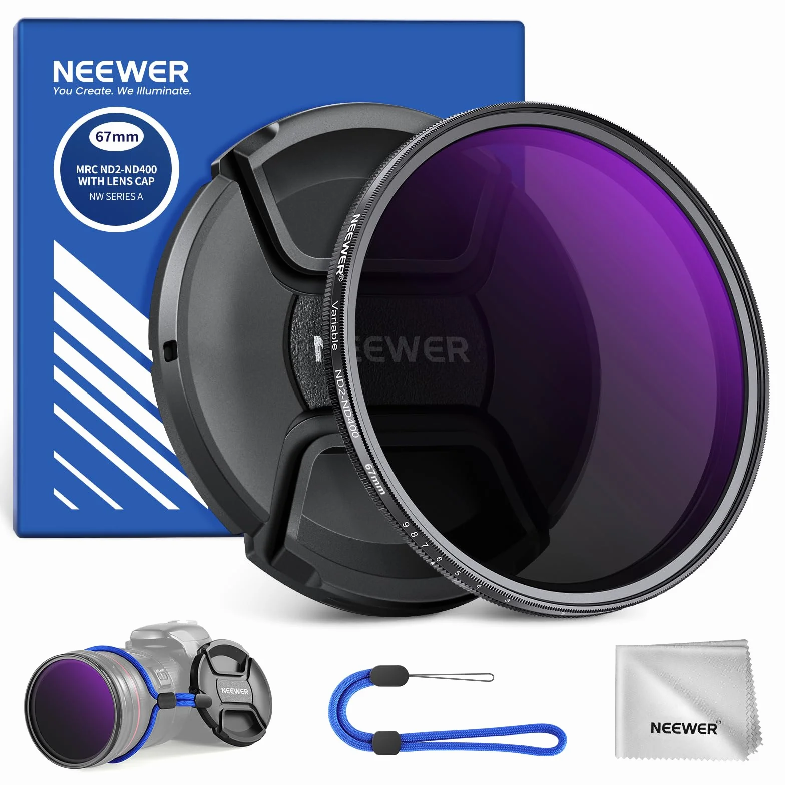 NEEWER 67mm Filtro ND2-ND400 Variabile (1-9 Stop) con Copriobiettivo, Cordino, Panno da Pulizia, Regolazione Precisa della Densità Neutra, Vetro Ottico Multistrato, Anti Impronte Digitali e Antigraffi