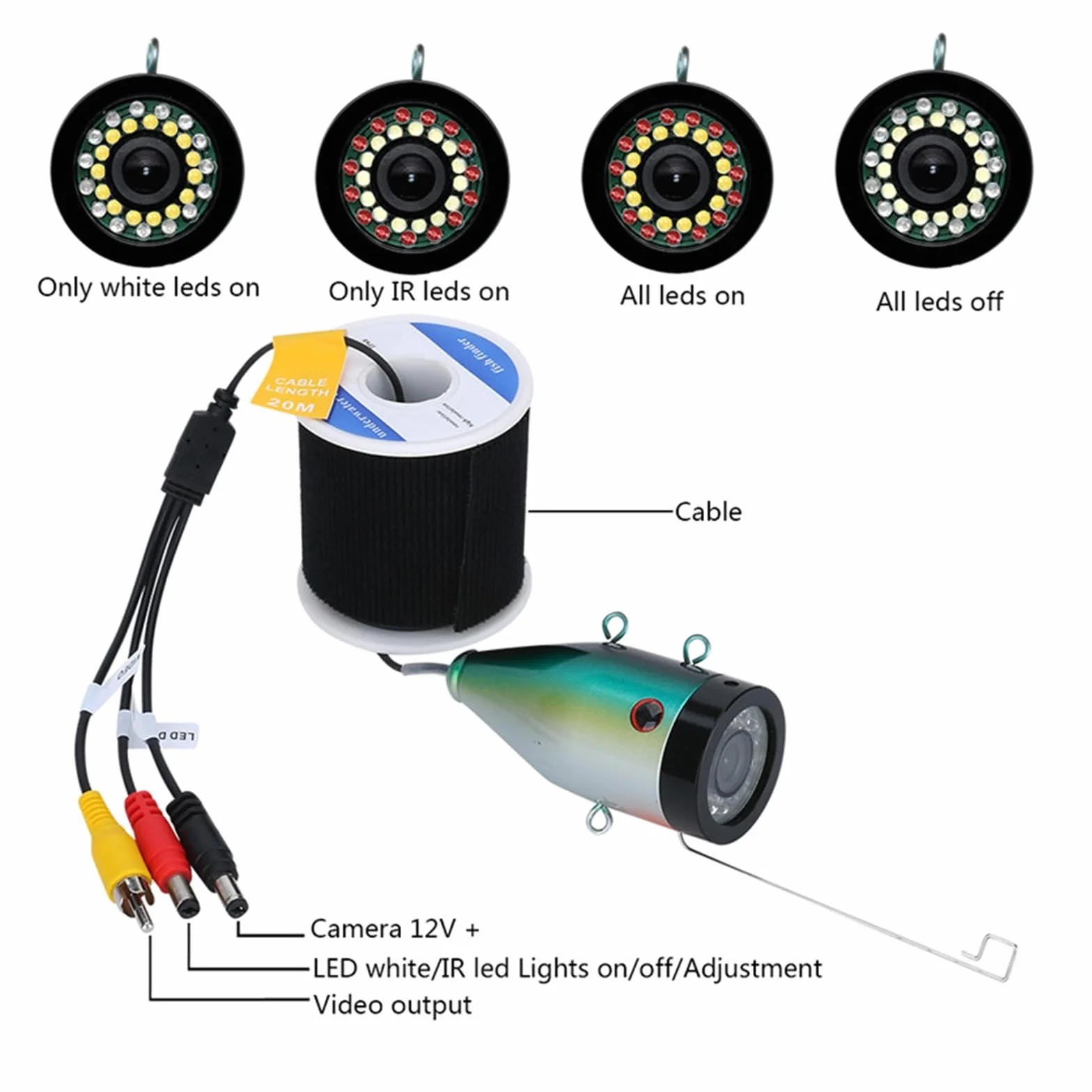 Telecamera Subacquea Pesca, 9 pollici DVR Fish Finder Pesca subacquea 1080P Fotocamera HD 1280 * 720 15 LED bianchi + 15 pezzi Lampada a infrarossi 15 m Fotocamera for la pesca(30m cable with DVR)