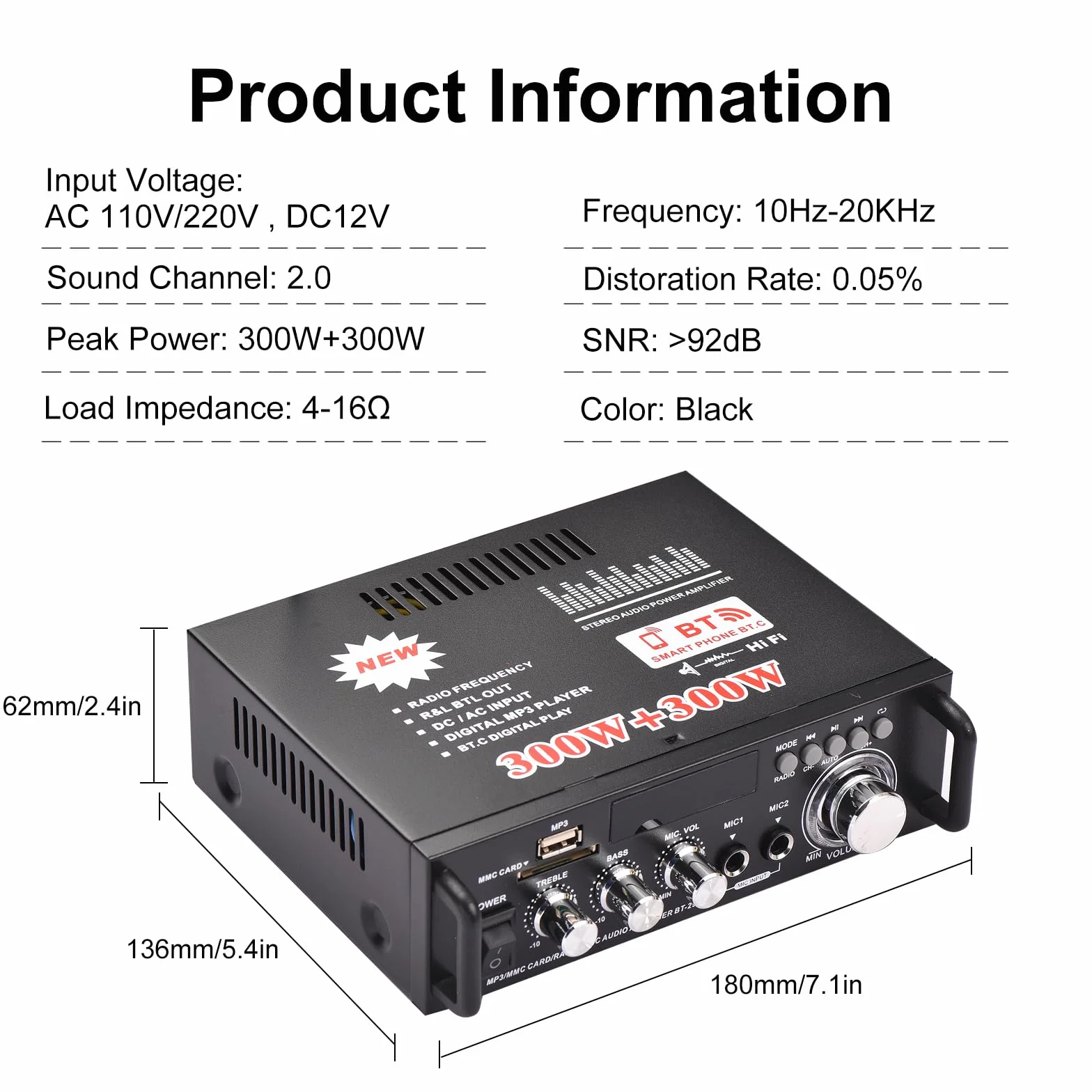 Docooler 600W Amplificatore Audio,HiFi Audio Stereo Bluetooth Radio Portatile per Auto o Casa, con Telecomando ed Mini Display 2CH LCD, 12 V / 220 V