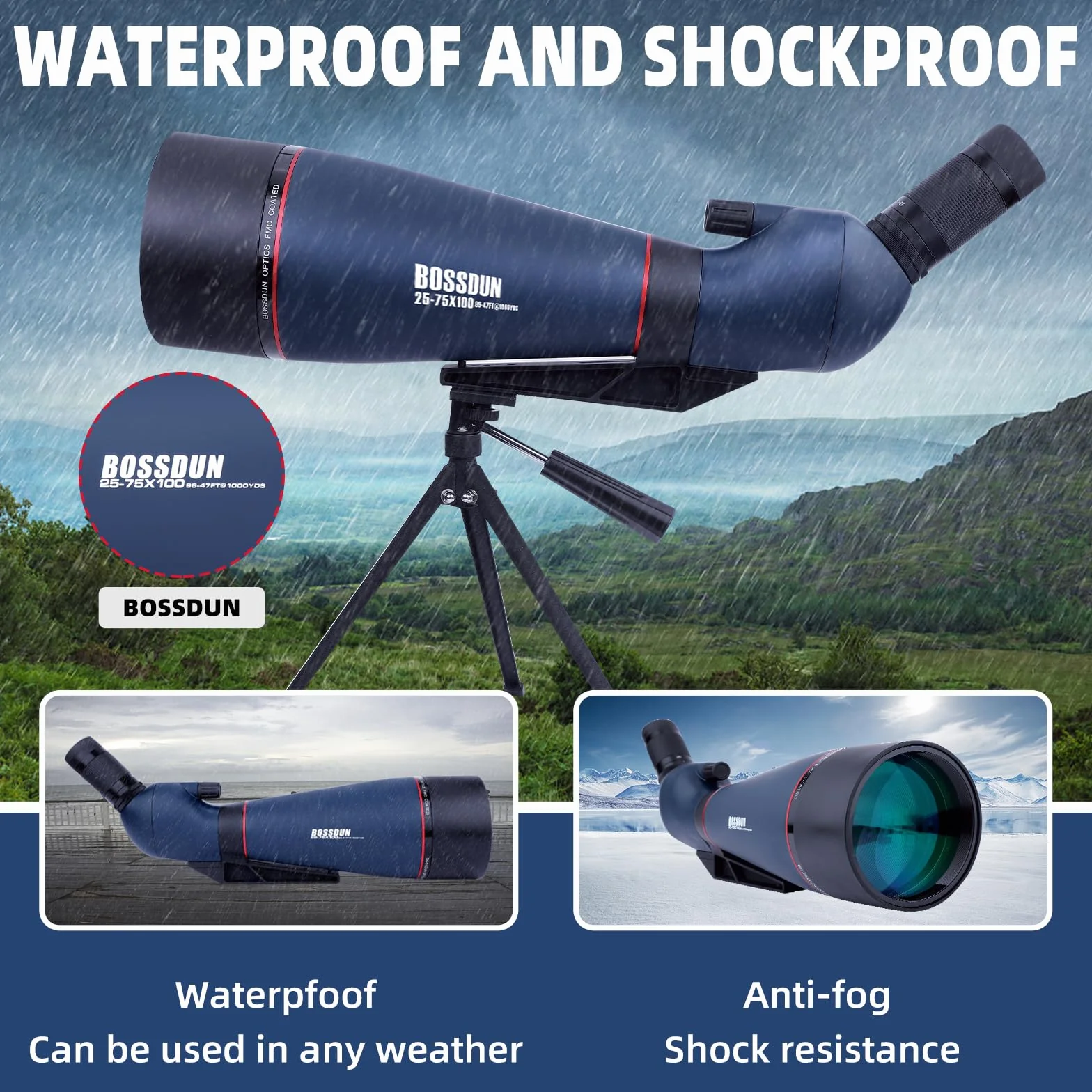 Cannocchiale 25-75x100 con Treppiede, Adattatore per Telefono e Borsa per il Trasporto, BAK4 Cannocchiale Professionale per Caccia, Tiro a Segno, Birdwatchingr il trasporto, per il tiro al bersaglio