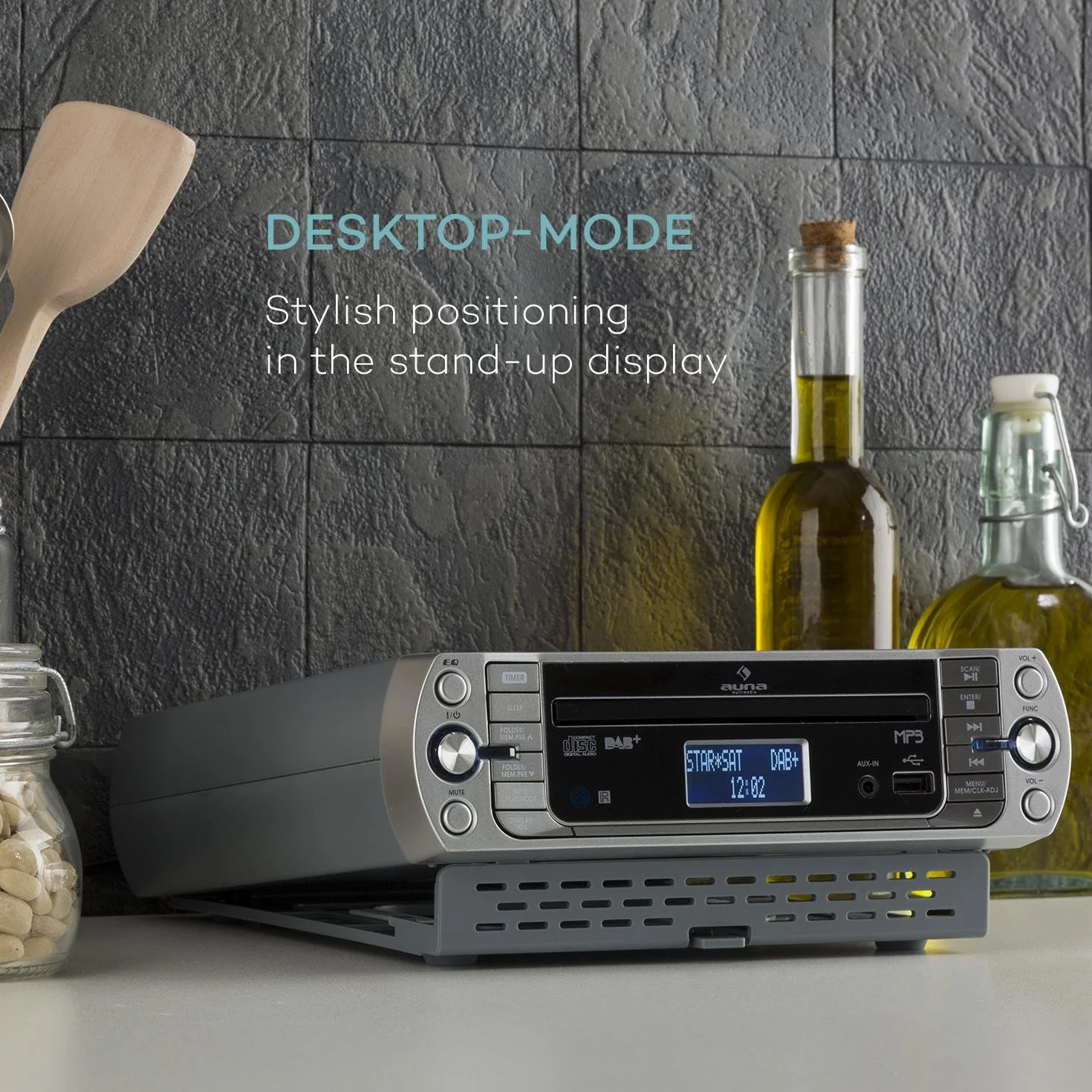 AUNA KR-400 CD - Radio da Cucina, Sottopensile, DAB+/PLL, FM, CD/MP3, Bluetooth, AUX, USB, 40 Stazioni Memorizzabili, Sveglia, Telecomando, Argento