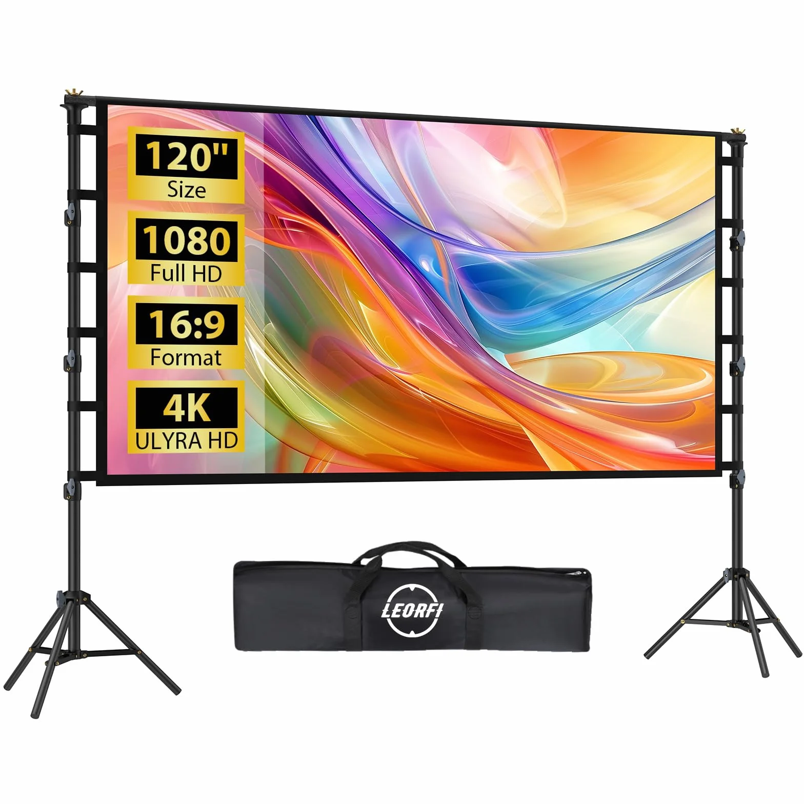 Schermo Proiettore 120 Pollic con Treppiede, LEORFI Telo Proiettore Portatile 16:9 4K Full HD, Schermo di Proiezione Pieghevole, con Borsa per il Trasporto, Adatto per Interni Ed esterni, Home Cinema