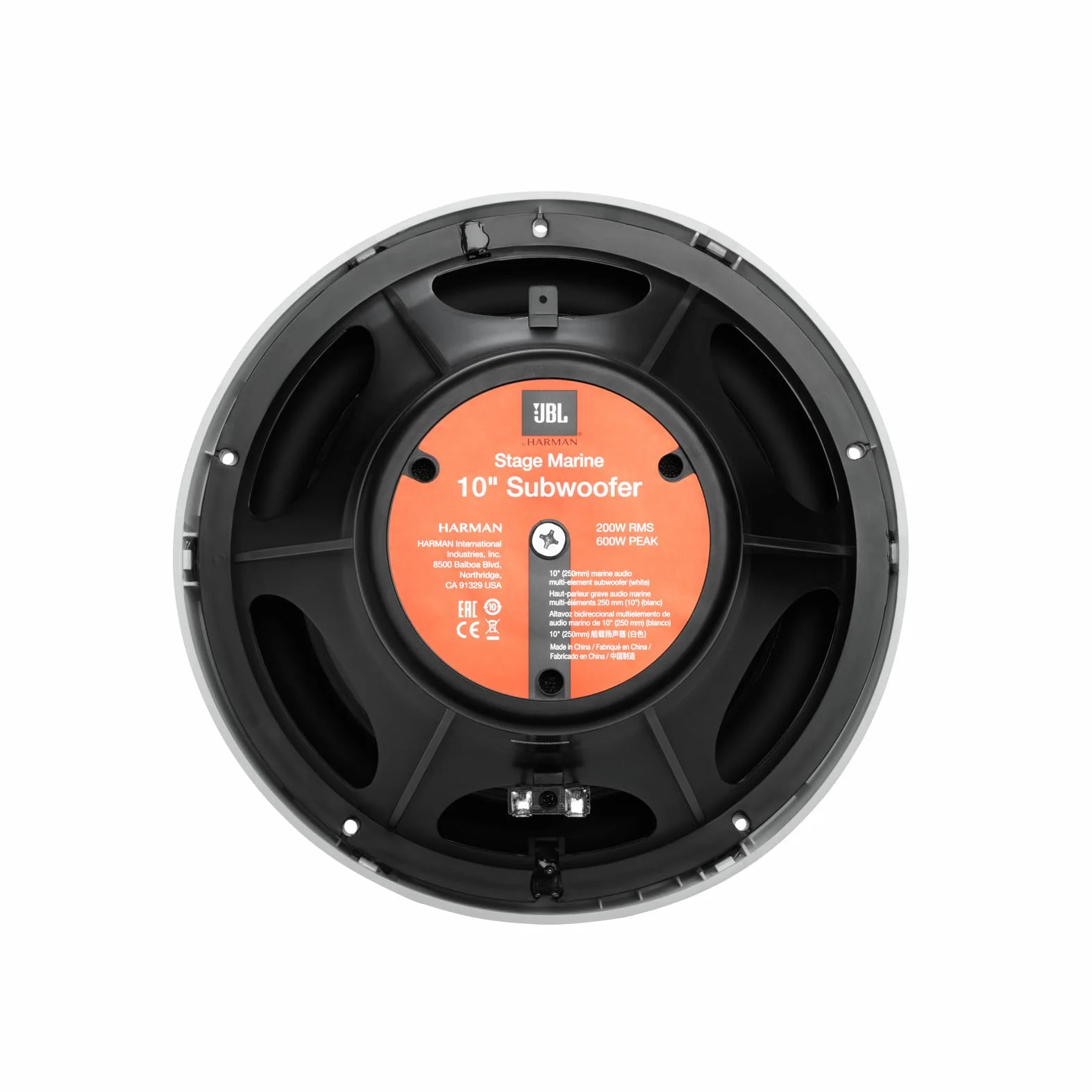 JBL Stage Marine 10 Subwoofer 250mm con 200W RMS e 600W Peak 88dB sensibilità 30Hz–250Hz 4 ohm design marino resistente ideale per imbarcazioni offrendo bassi profondi e prestazioni affidabili