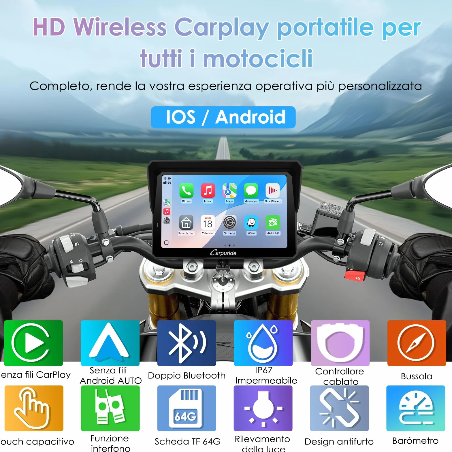 CARPURIDE W702S Pro Moto Carplay Schermo con BM05 Supporto per Plug-and-Play, Senza Fili CarPlay e Android Auto, 7" Impermeabile Touchscreen, Doppio Bluetooth, Cablato Controller, Bussola.
