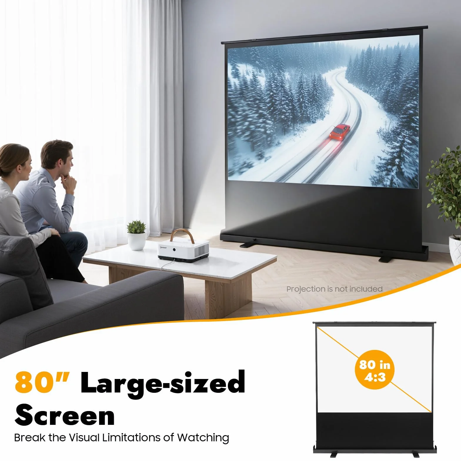 Schermo per proiettore con treppiede, 203 cm, estensibile, portatile, 4:3, con gambe di supporto a forma di X e sistema di molle a gas, per esterni, campeggio, home theatre