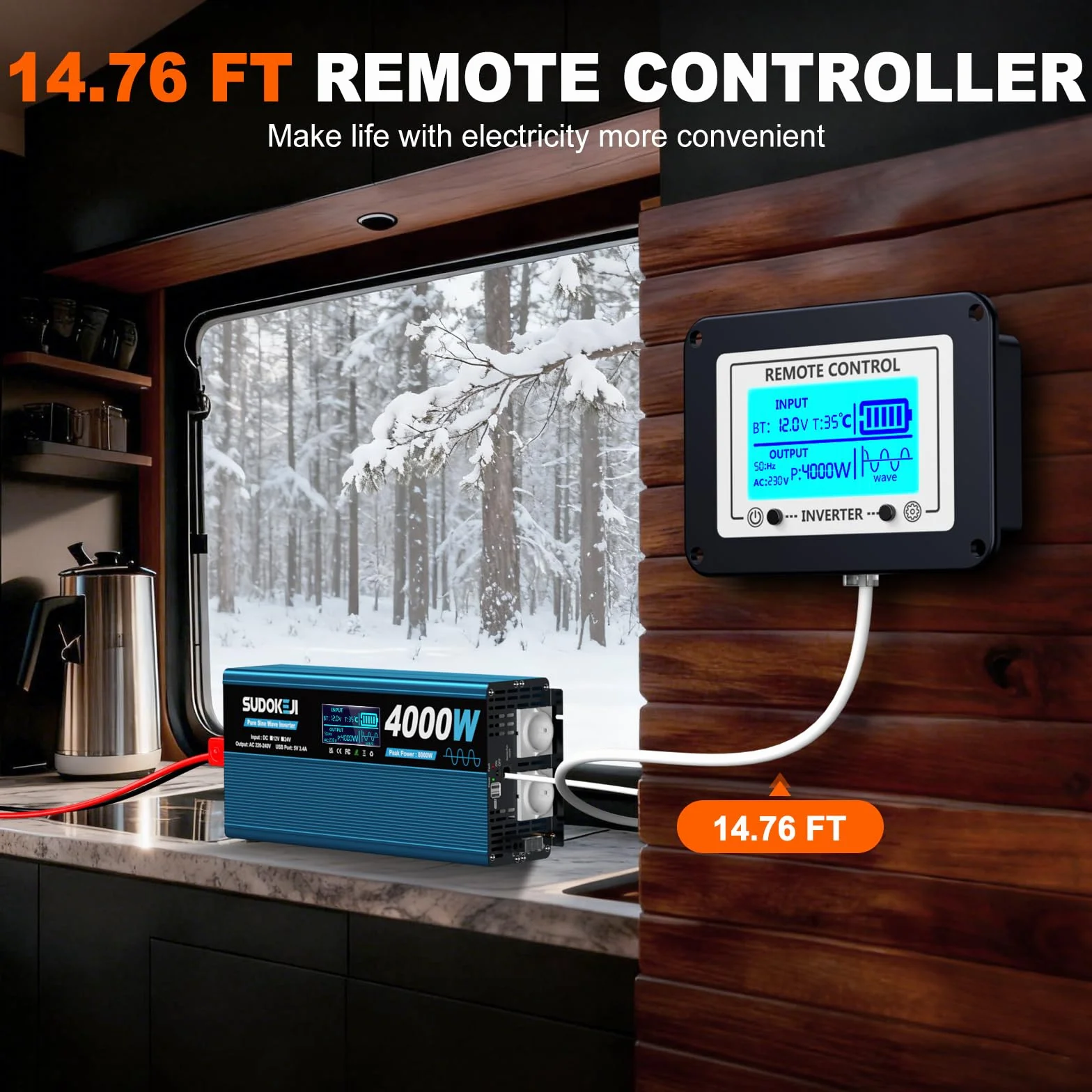 SUDOKEIJI Inverter 4000W Onda Sinusoidale Pura 12V a 230V Convertitore di Tensione con Telecomando Schermo LCD 2 Prese EU e 2 Porte USB per Camper Camion Campeggio Nautica