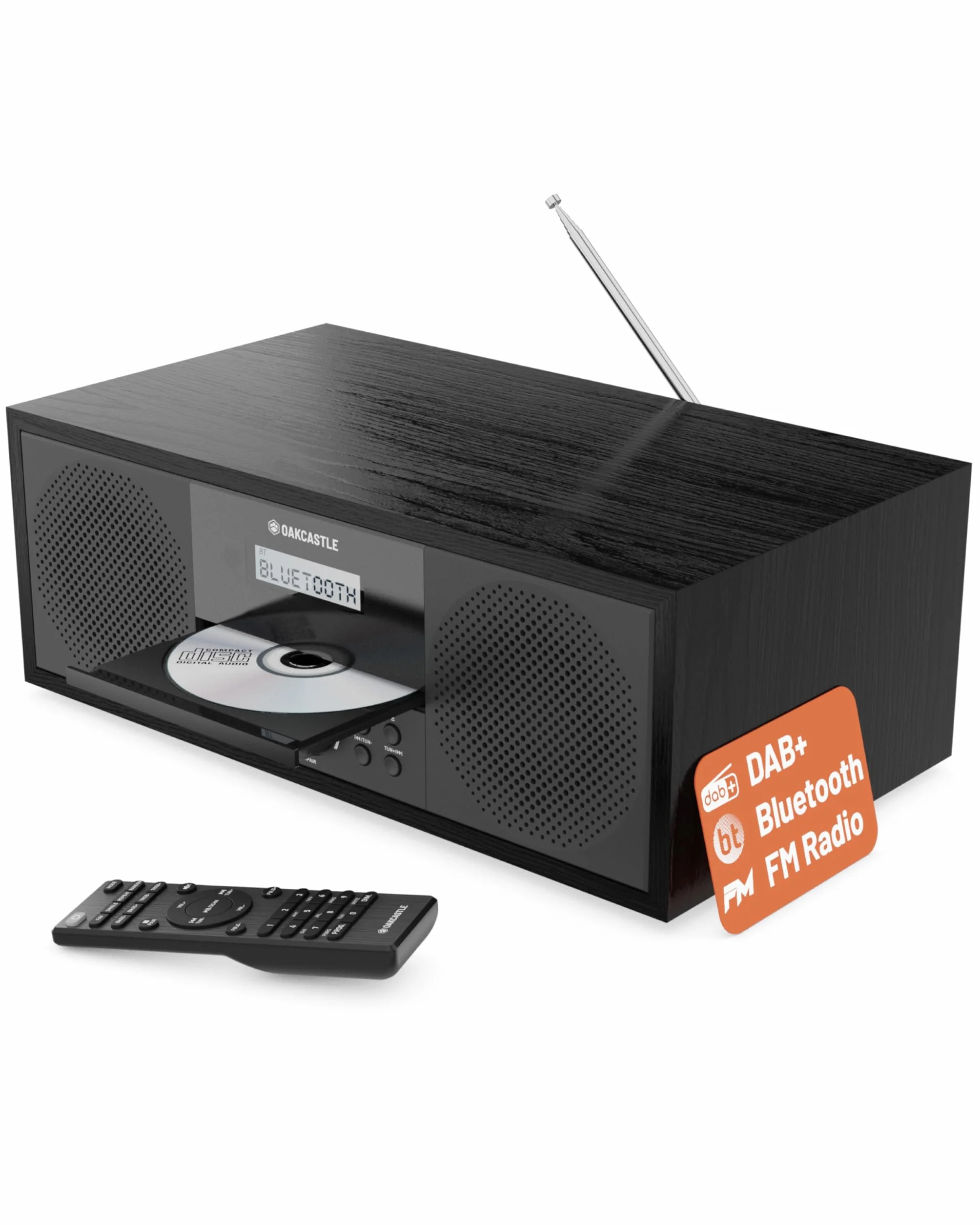 Impianto Stereo Casa 60W | Lettore CD HiFi con Doppio Allarme e 198 Preselezioni | Radio DAB+/FM con Display LCD | Bluetooth, USB, AUX, Telecomando e Altoparlanti Integrati | Oakcastle DAB500