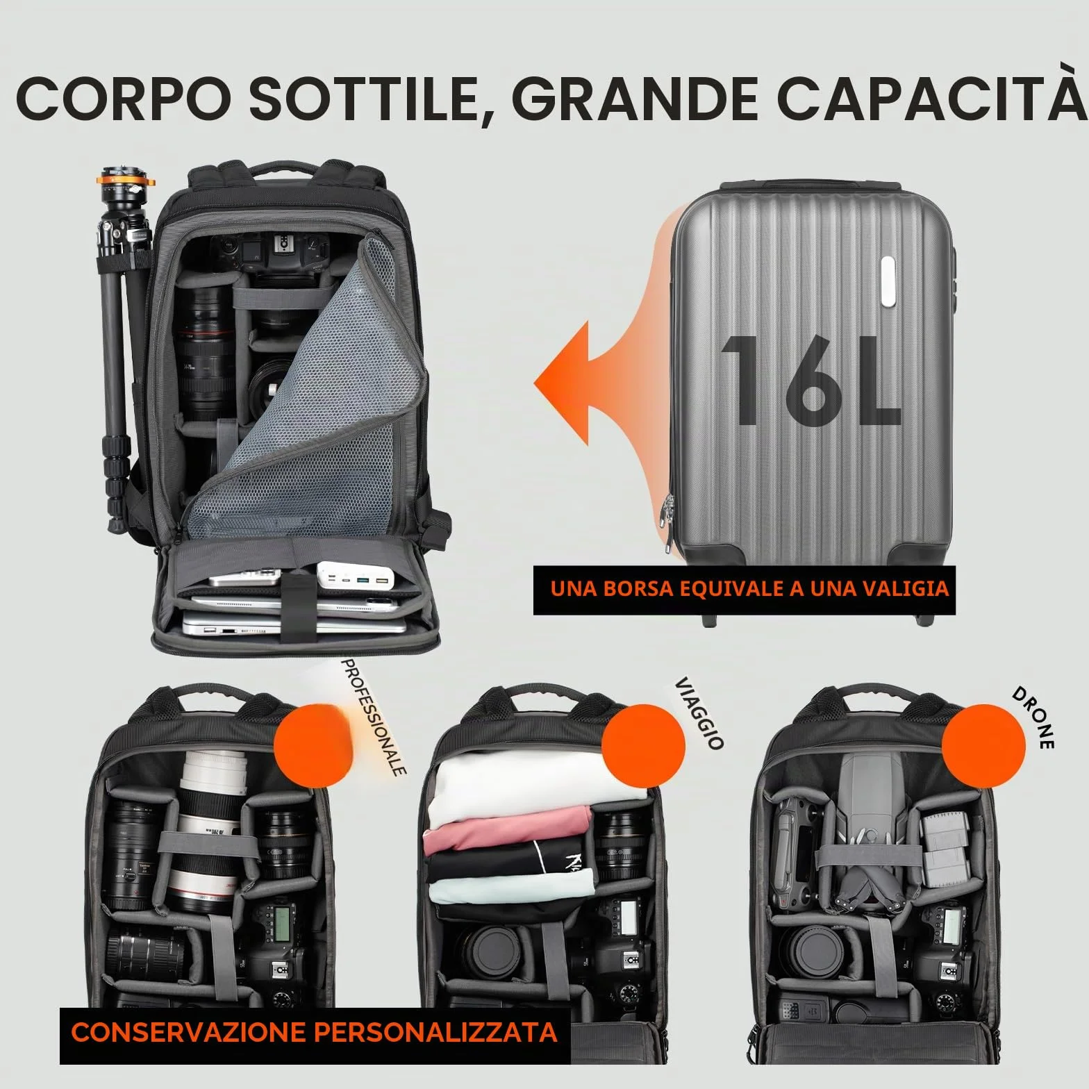 TARION Zaino Fotografico Grande Capacità: Zaino Impermeabile per Fotocamera Con Scomparto per Laptop da 16'' Borsa Fotografica Con Copertura Antipioggia TR-XL(Nero)