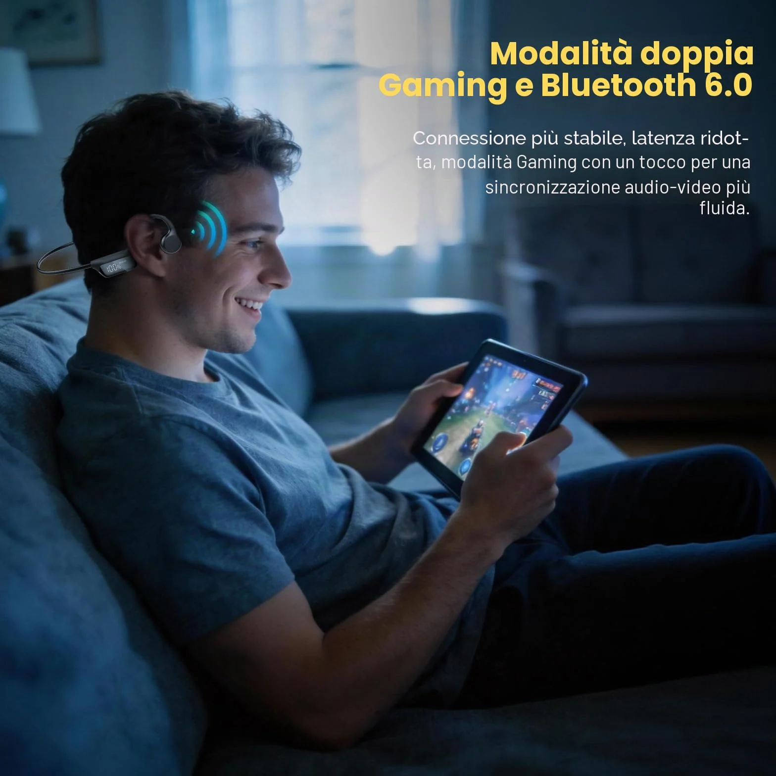 Cuffie Conduzione Ossea Bluetooth 6.0 Cuffie Open Ear Wireless, Auricolari Bluetooth Suono Dual Driver, Display LED, Connessione Doppio Dispositivo e Modalità Gaming, 12 Ore, IP67 per Corsa/Ciclismo