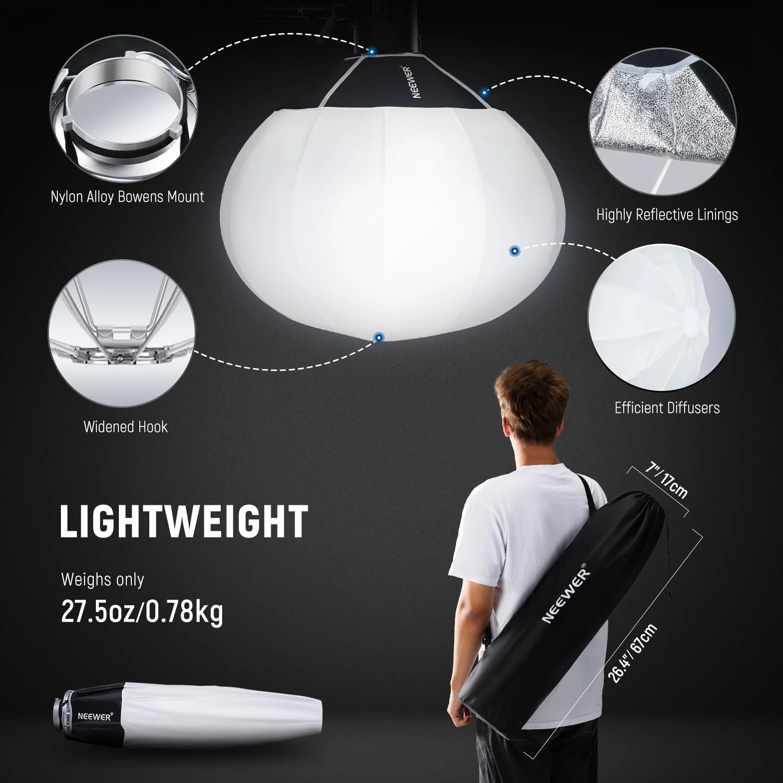 NEEWER Lanterna Softbox da 50 cm, diffusore di luce a 360° a sgancio rapido, montaggio Bowens, Softbox con lega di nylon leggera per luci video LED continue RGB CB60 CB60B CB200B MS60B MS60C MS150B