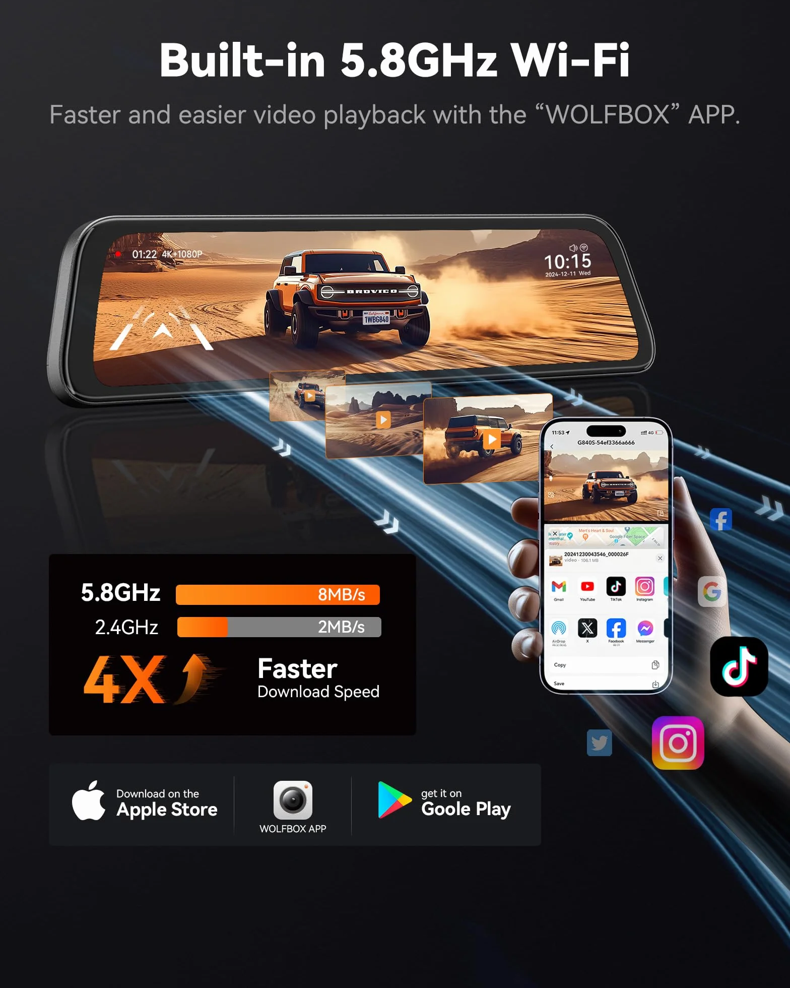 WOLFBOX 12" G840S 4K Dash Cam Specchietto con 5.8GHz WiFi, Dashcam Retrovisore Telecamera per Auto con Anteriore 170° e Posteriore 140°, Parcheggio Assistito, Sensore G(Con Scheda da 32 GB & GPS)